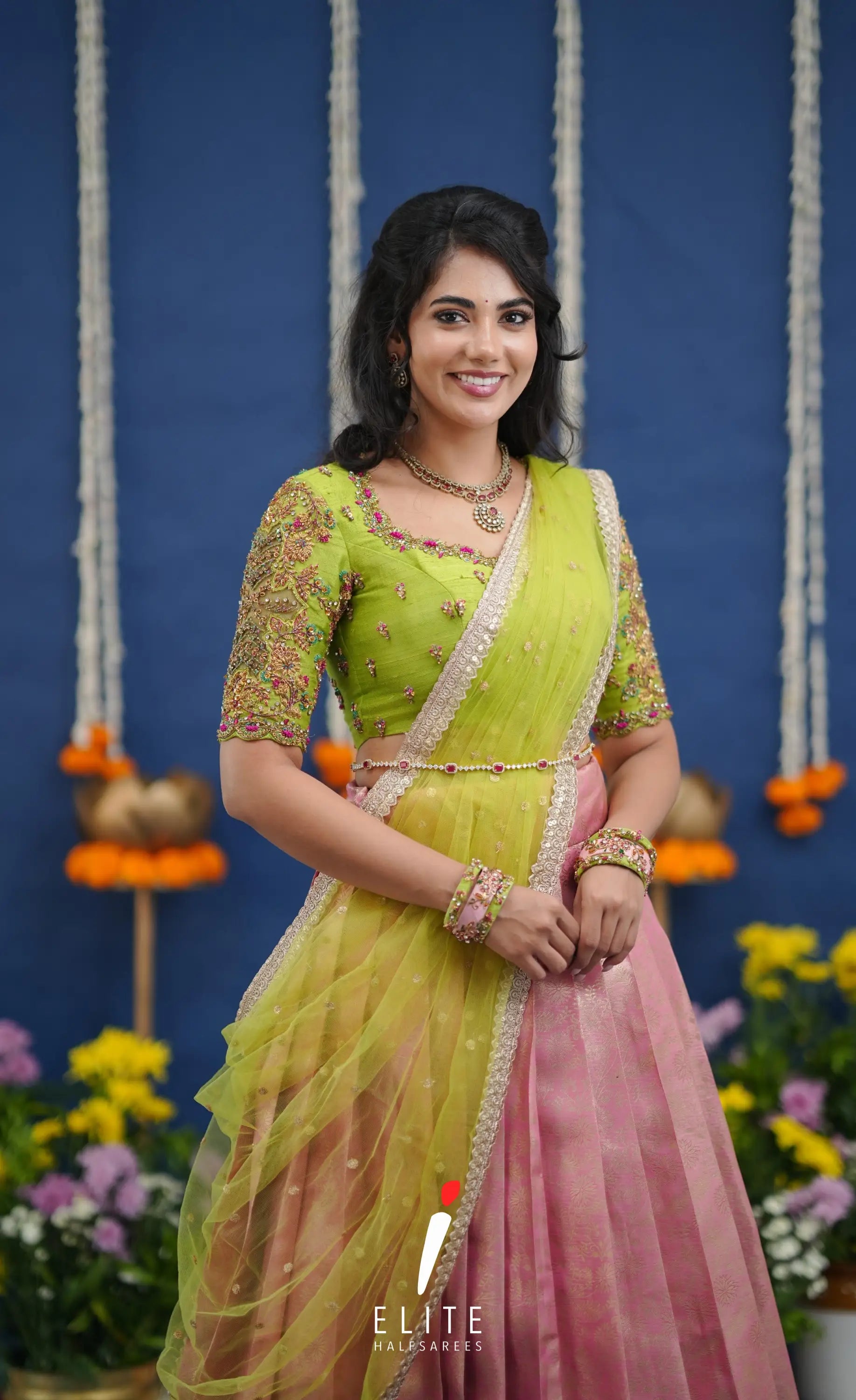 Amethyst Aari Handworked Bridal Lehenga - Baby pink and Lime green Half Sarees