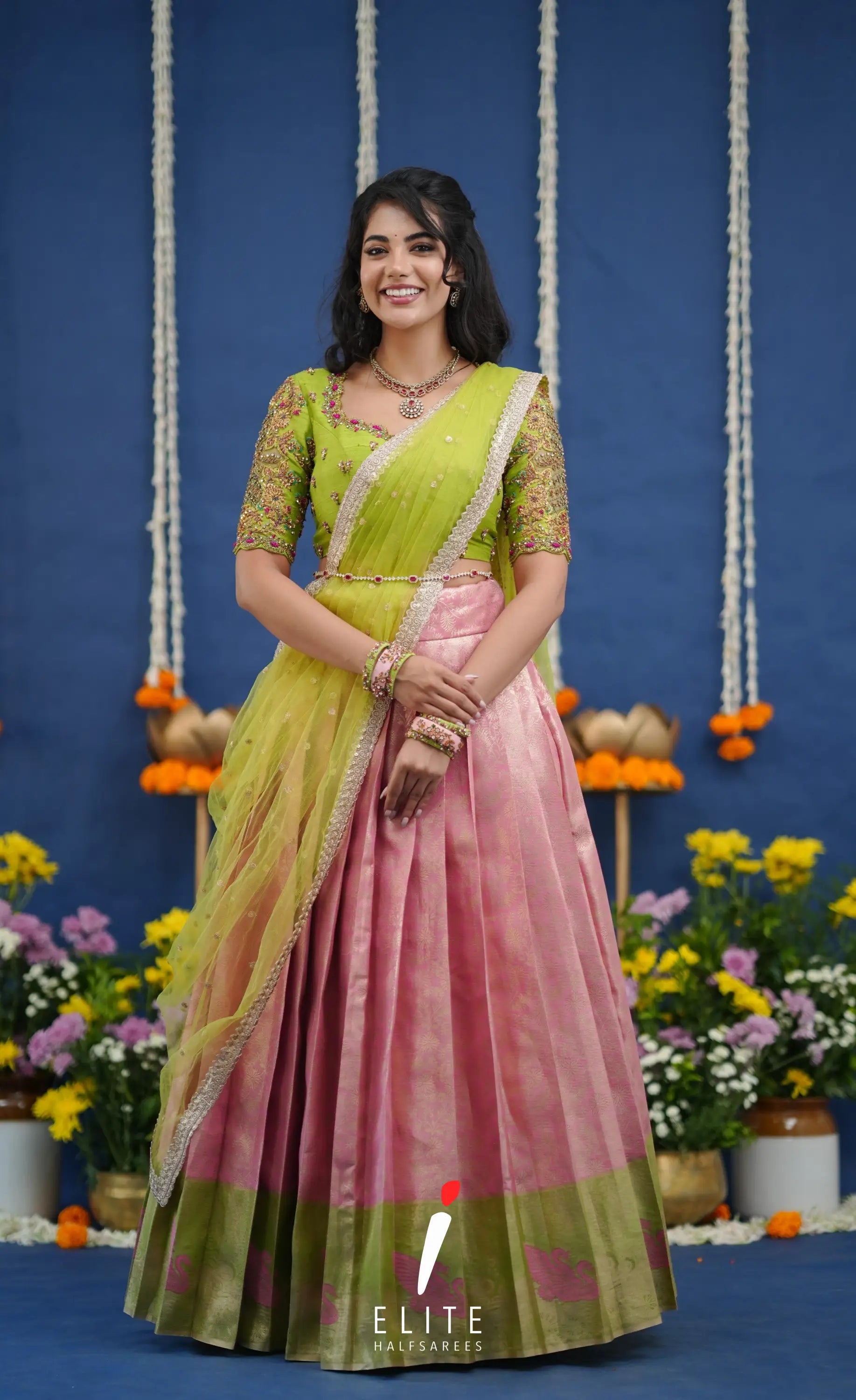 Amethyst Aari Handworked Bridal Lehenga - Baby pink and Lime green Half Sarees