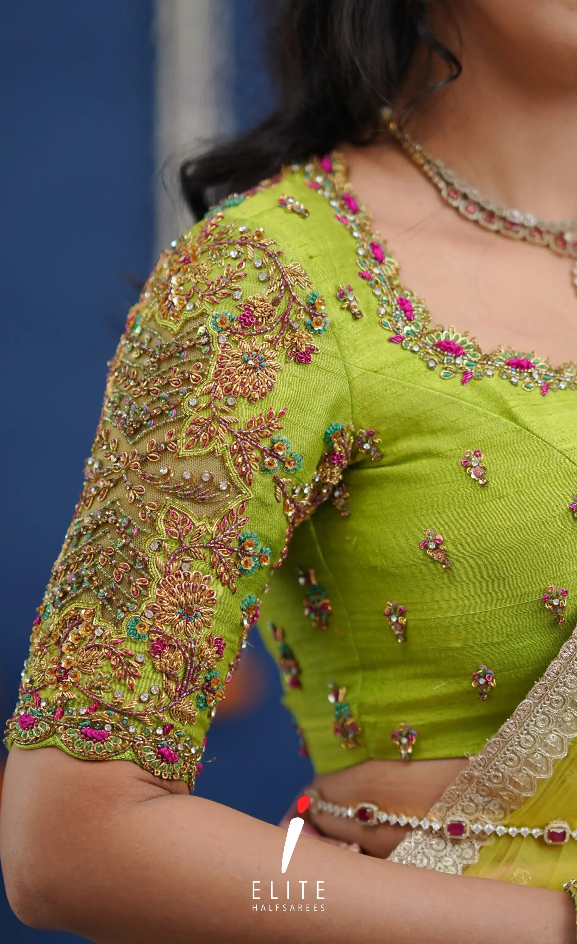 Amethyst Aari Handworked Bridal Lehenga - Baby pink and Lime green Half Sarees