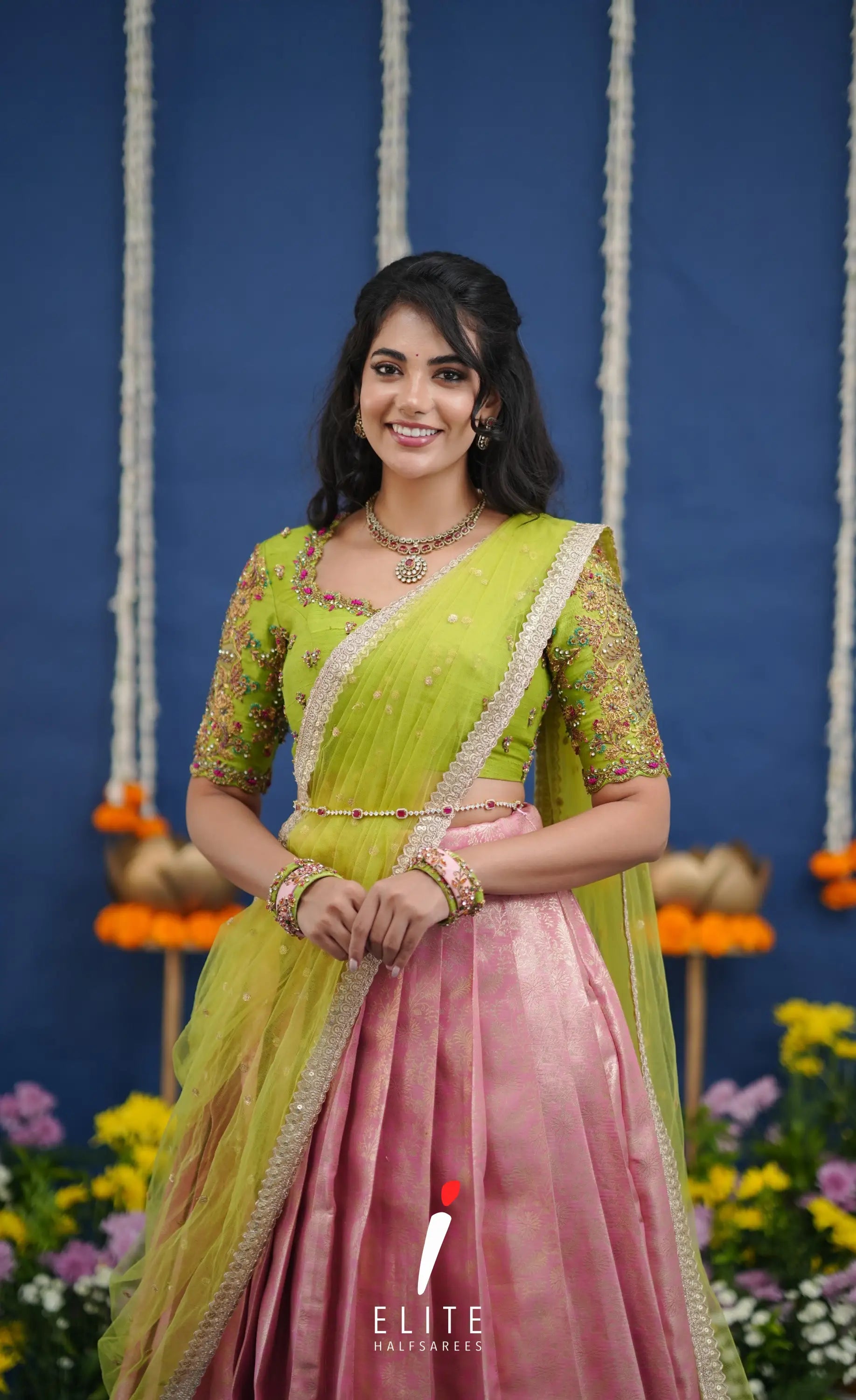 Amethyst Aari Handworked Bridal Lehenga - Baby pink and Lime green Half Sarees