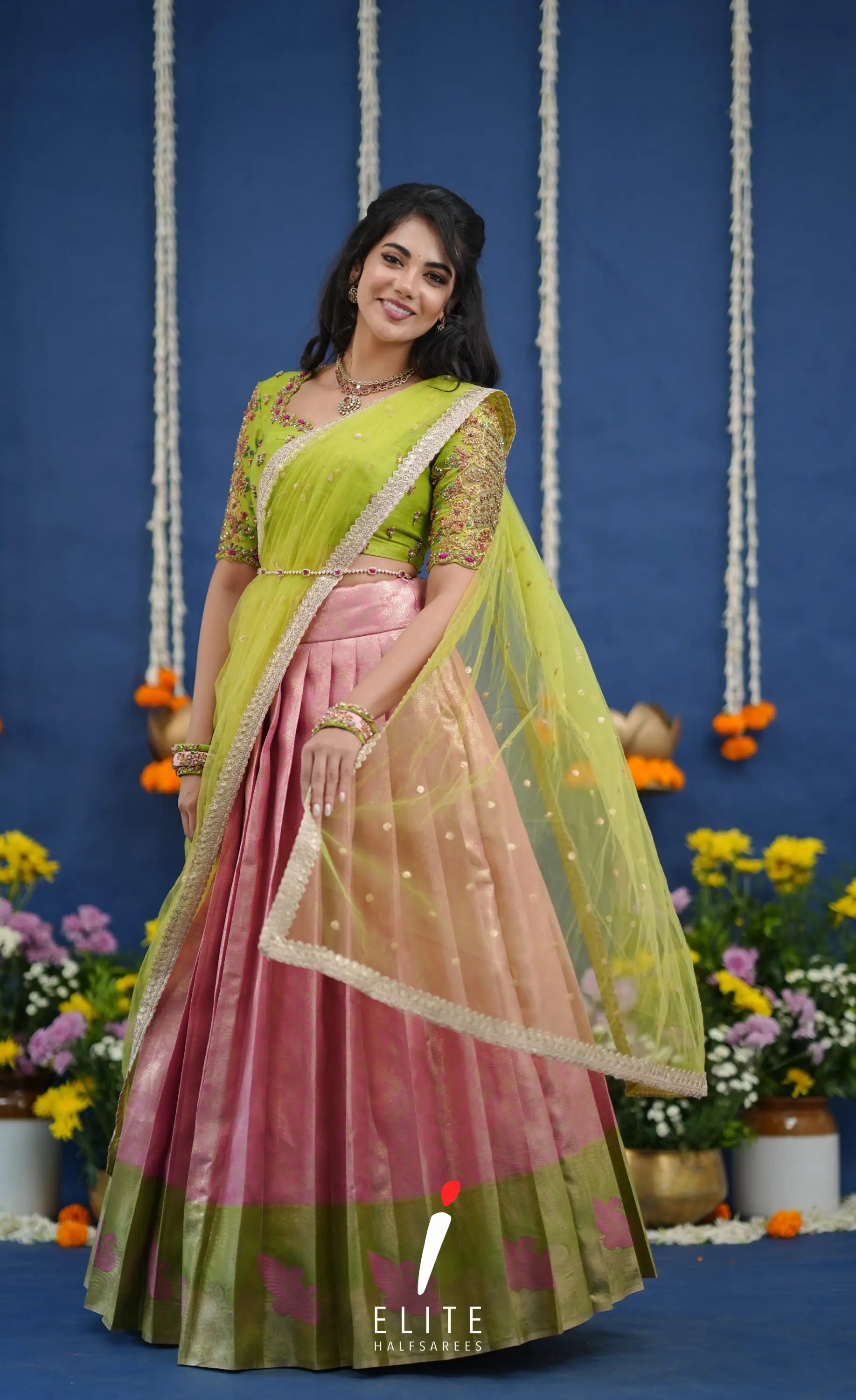 Amethyst Aari Handworked Bridal Lehenga - Baby pink and Lime green Half Sarees