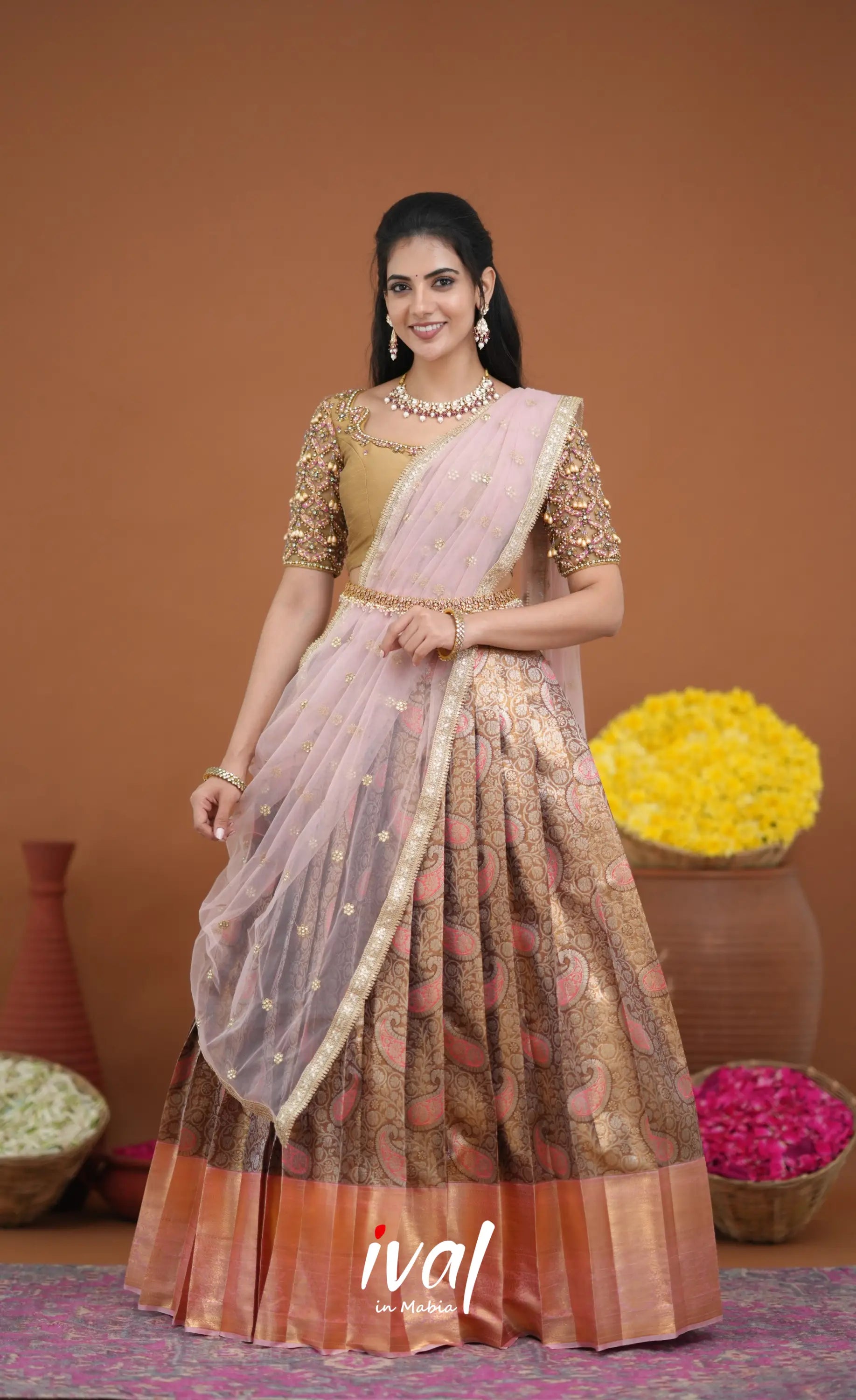 Amethyst Aari Handworked Bridal Lehenga - Beige and Light Pink Half Sarees