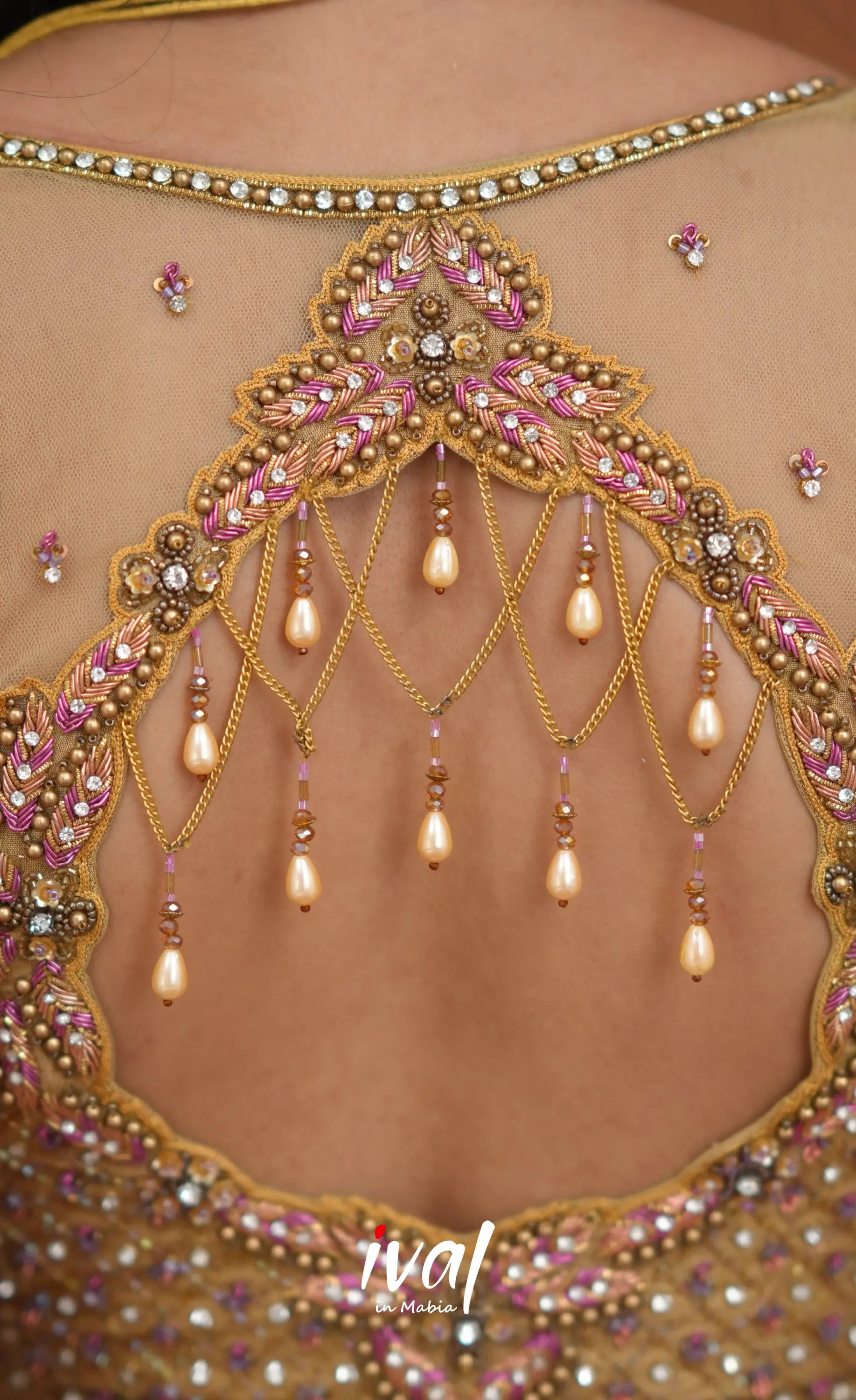 Amethyst Aari Handworked Bridal Lehenga - Beige and Light Pink Half Sarees