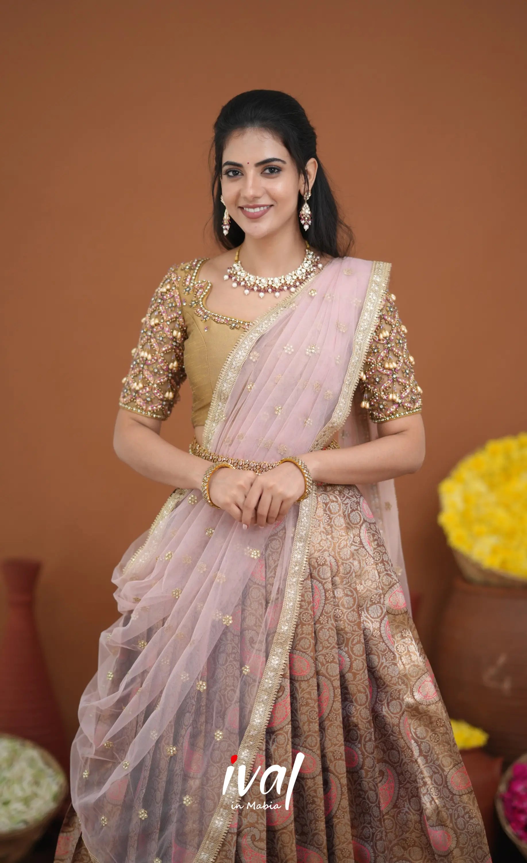 Amethyst Aari Handworked Bridal Lehenga - Beige and Light Pink Half Sarees
