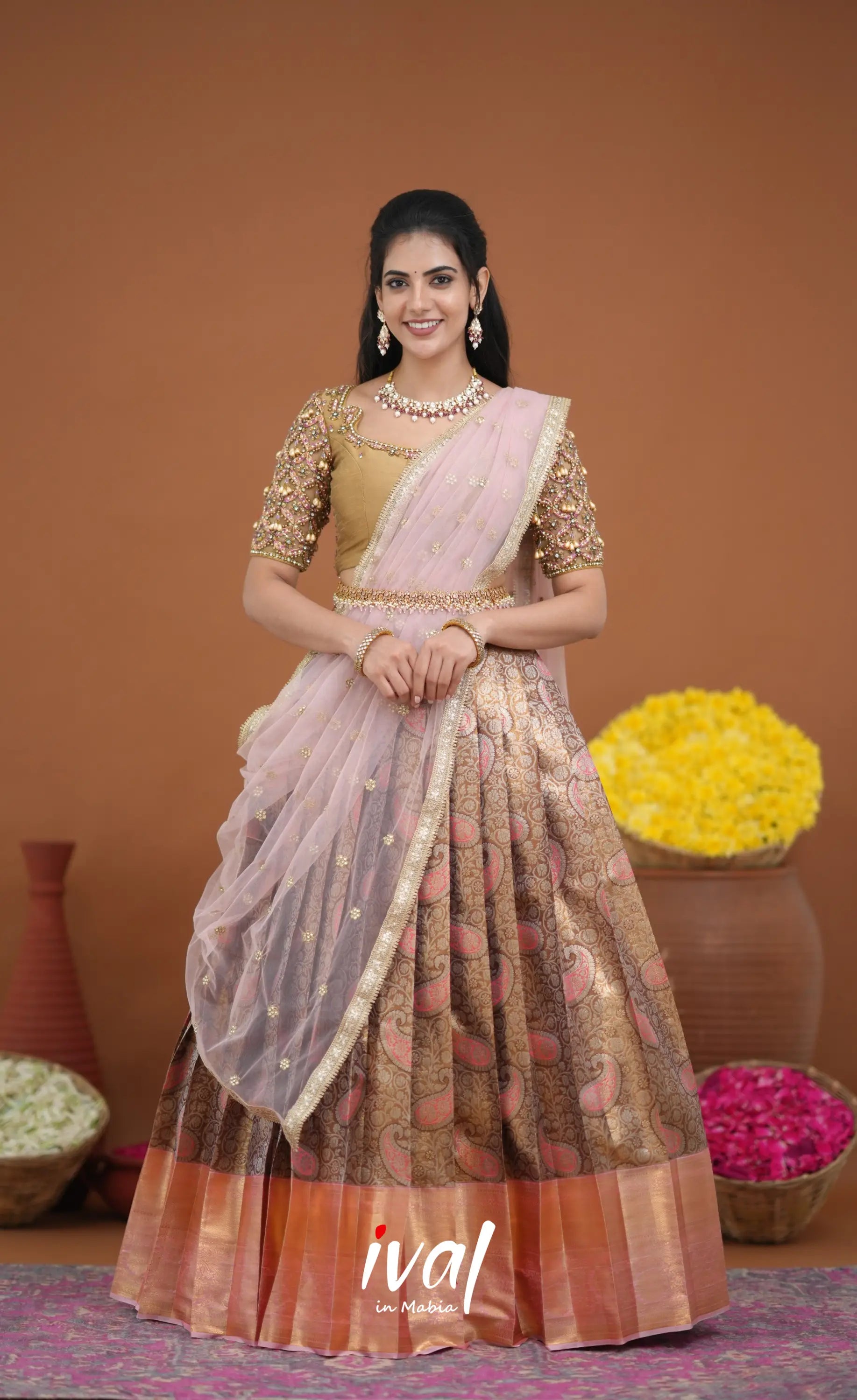 Amethyst Aari Handworked Bridal Lehenga - Beige and Light Pink Half Sarees