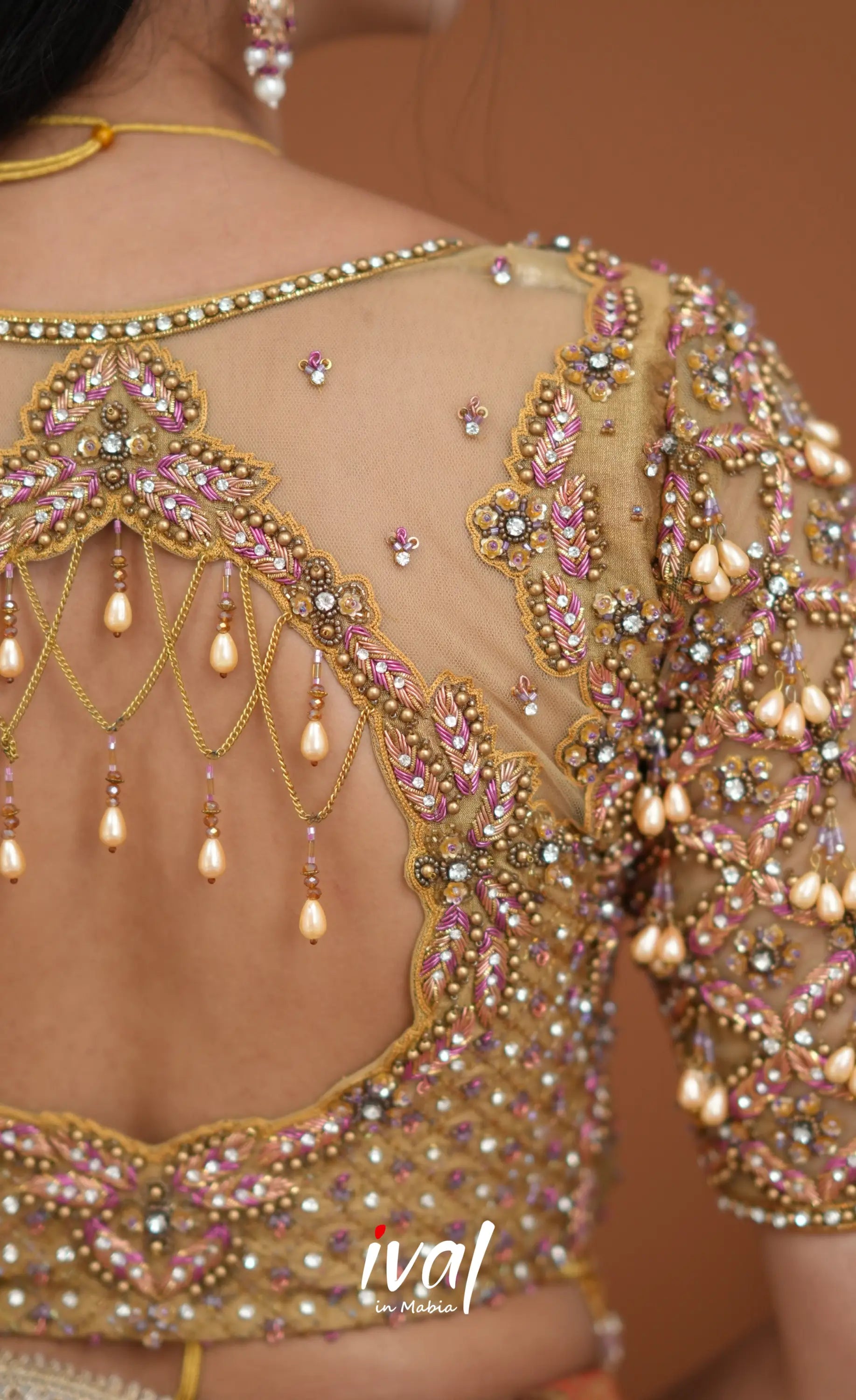 Amethyst Aari Handworked Bridal Lehenga - Beige and Light Pink Half Sarees