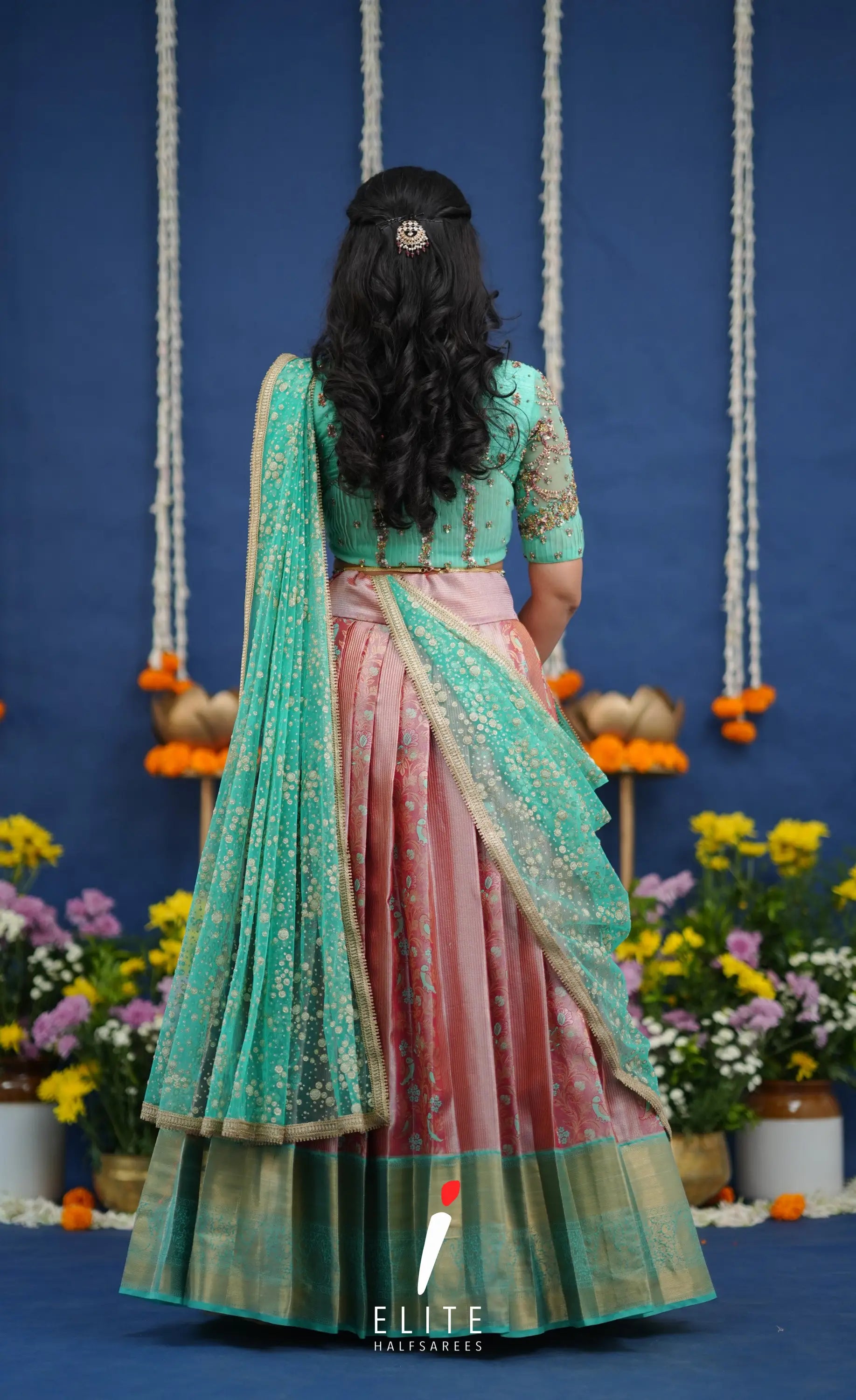 Amethyst Aari Handworked Bridal Lehenga - Coral pink and Pastel teal Half Sarees