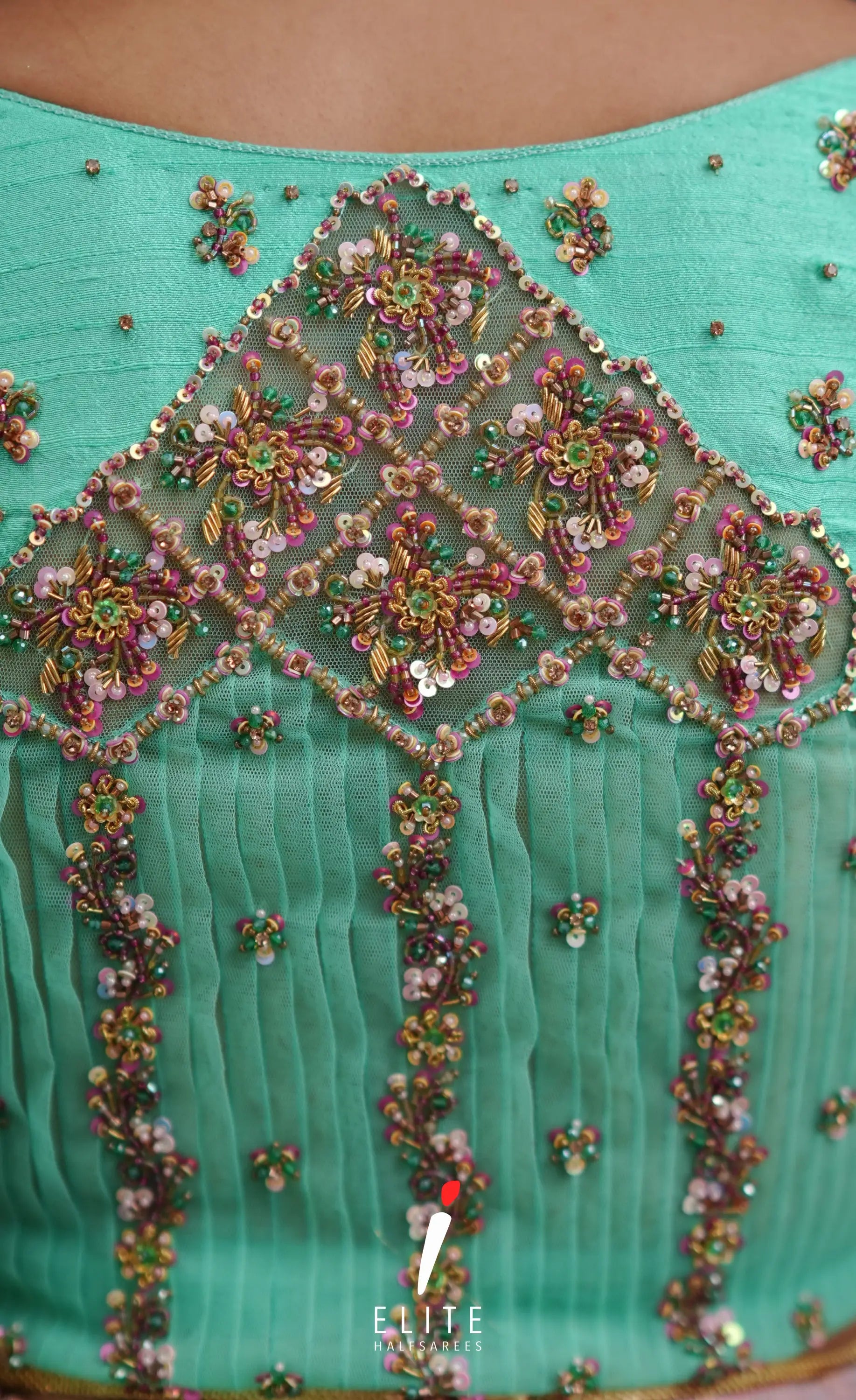 Amethyst Aari Handworked Bridal Lehenga - Coral pink and Pastel teal Half Sarees
