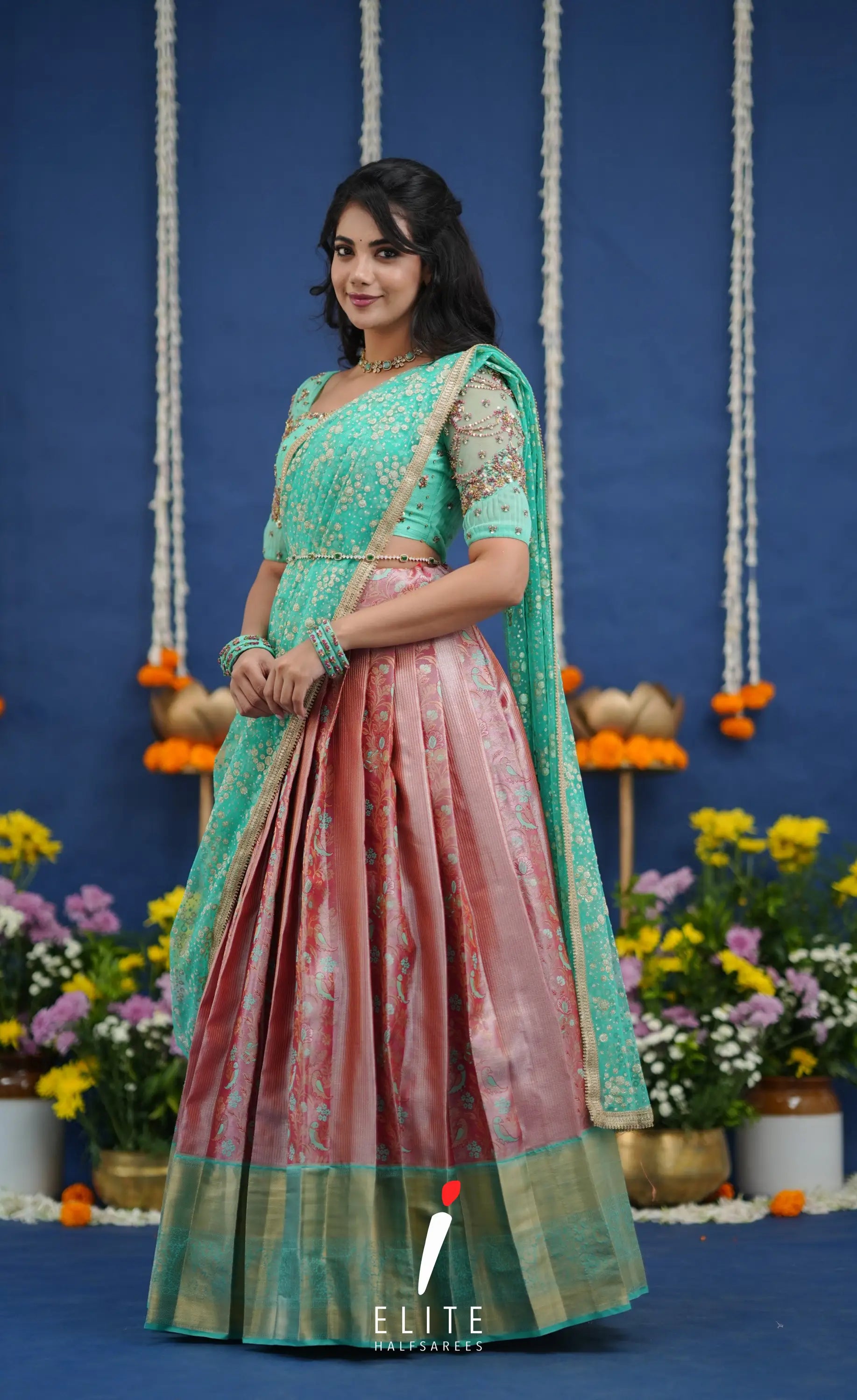 Amethyst Aari Handworked Bridal Lehenga - Coral pink and Pastel teal Half Sarees