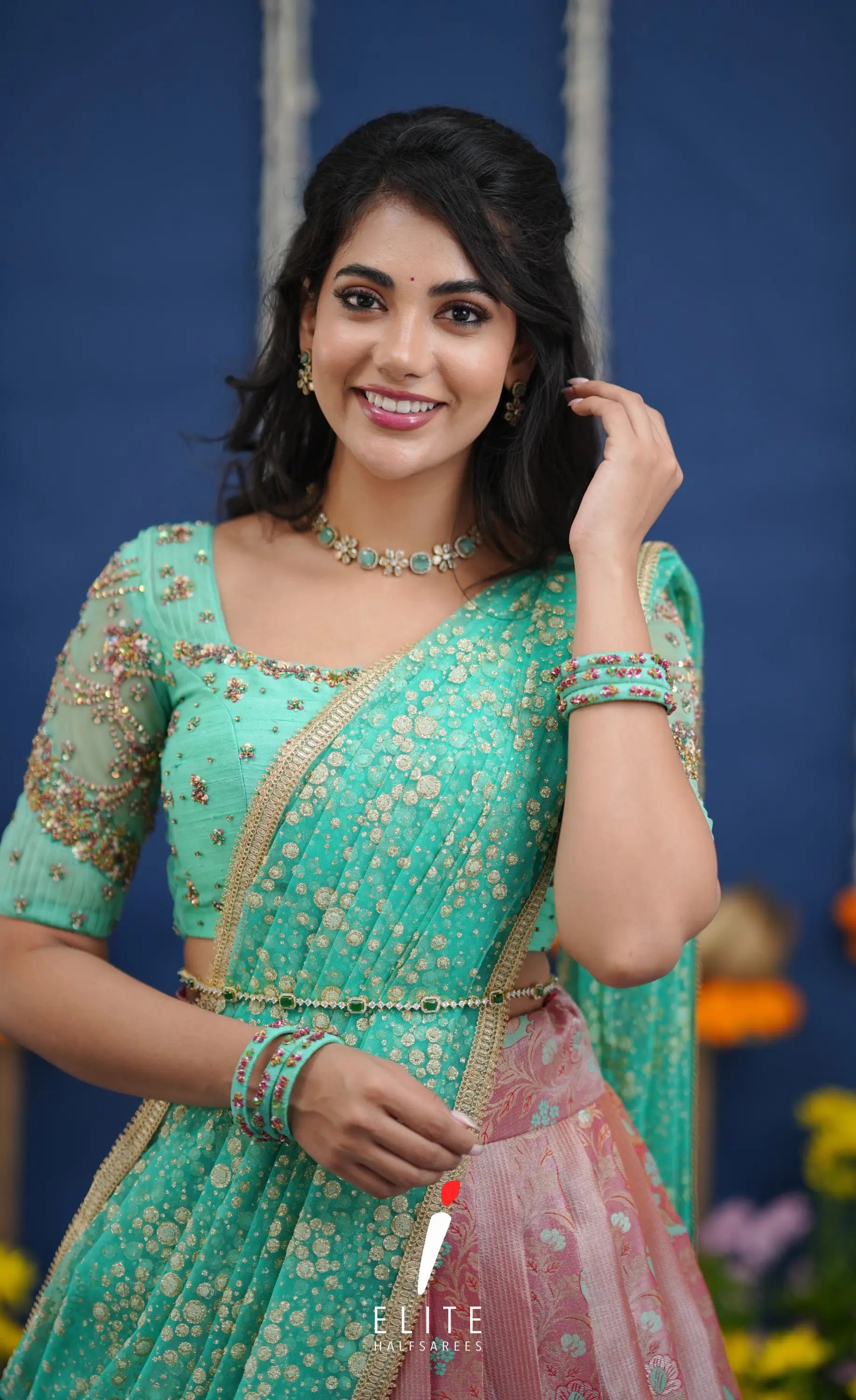 Amethyst Aari Handworked Bridal Lehenga - Coral pink and Pastel teal Half Sarees