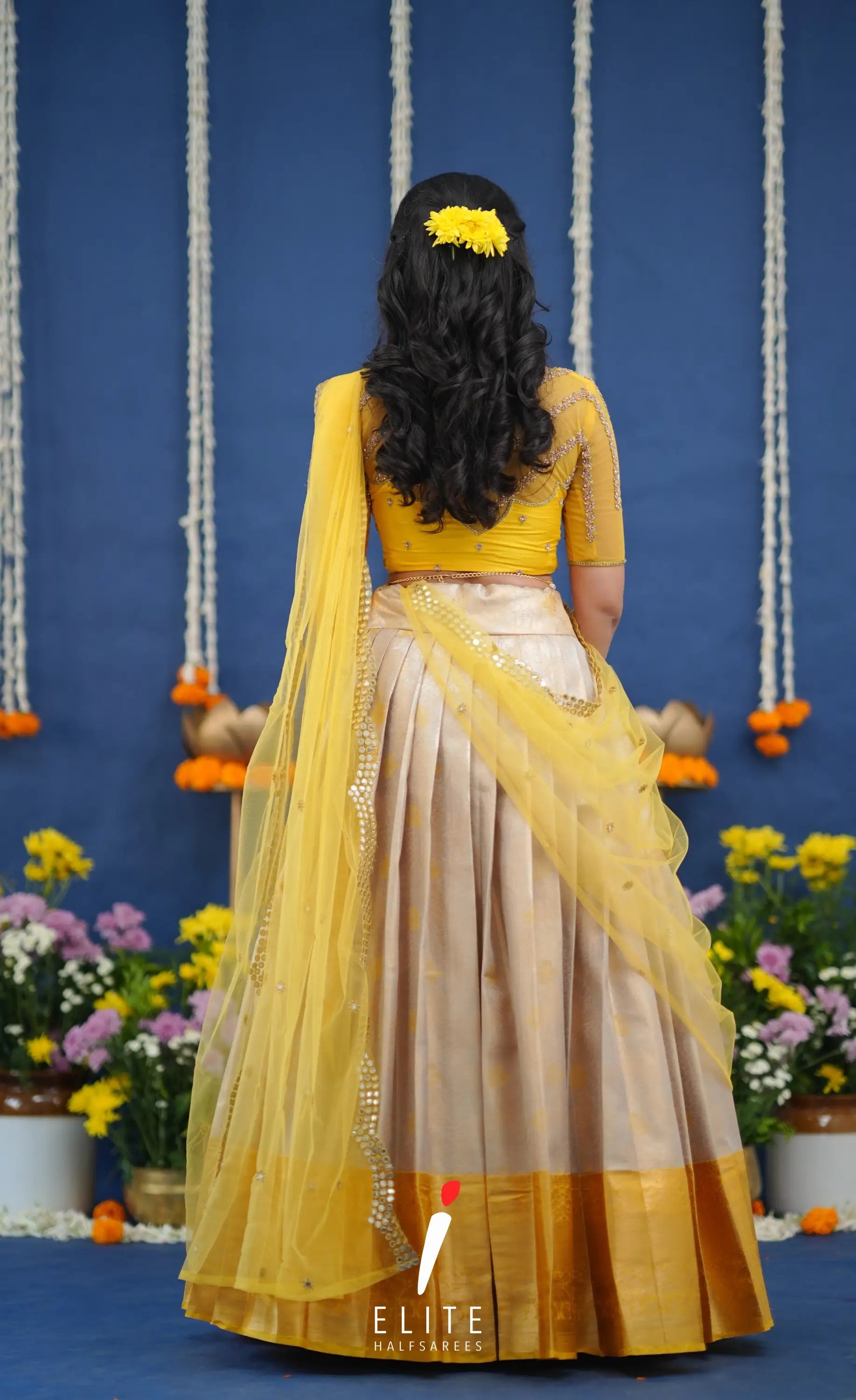 Amethyst Aari Handworked Bridal Lehenga - Creamish beige and Yellow Half Sarees