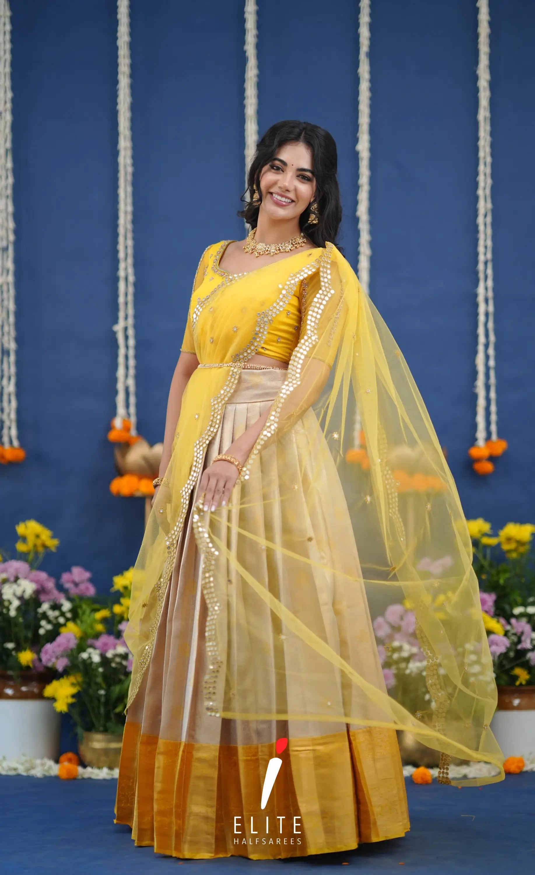 Amethyst Aari Handworked Bridal Lehenga - Creamish beige and Yellow Half Sarees