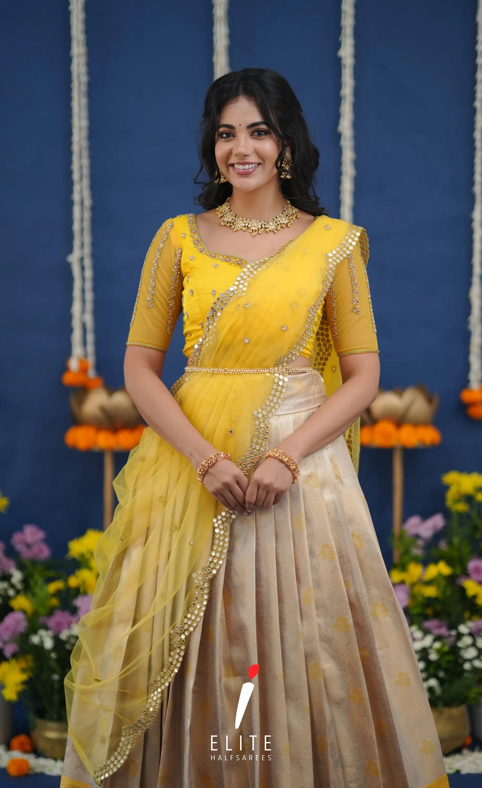 Amethyst Aari Handworked Bridal Lehenga - Creamish beige and Yellow Half Sarees