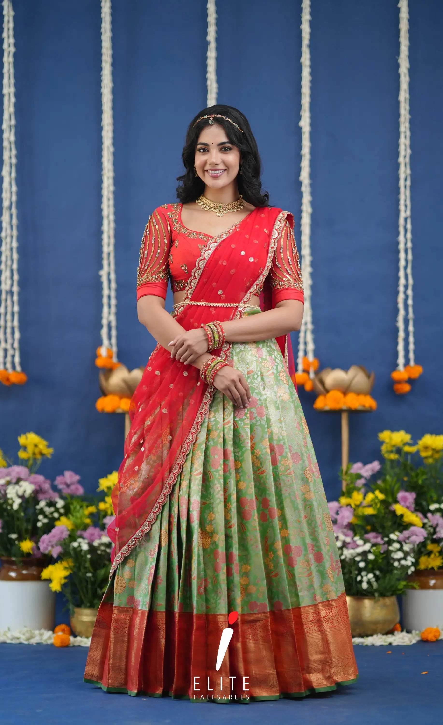 Amethyst Aari Handworked Bridal Lehenga - Light green and Red Half Sarees