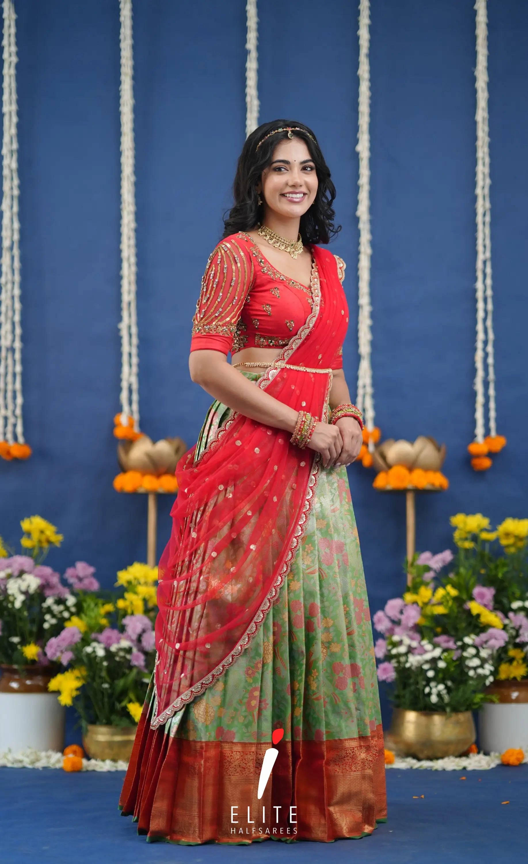 Amethyst Aari Handworked Bridal Lehenga - Light green and Red Half Sarees