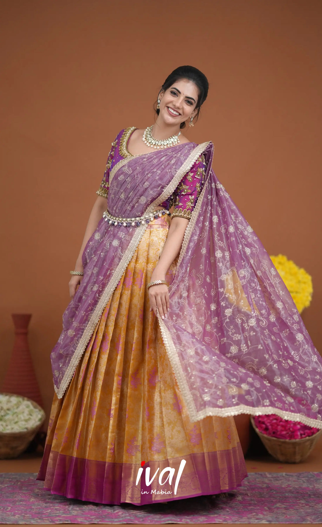 Amethyst Aari Handworked Bridal Lehenga - Mustard and Violet Half Sarees