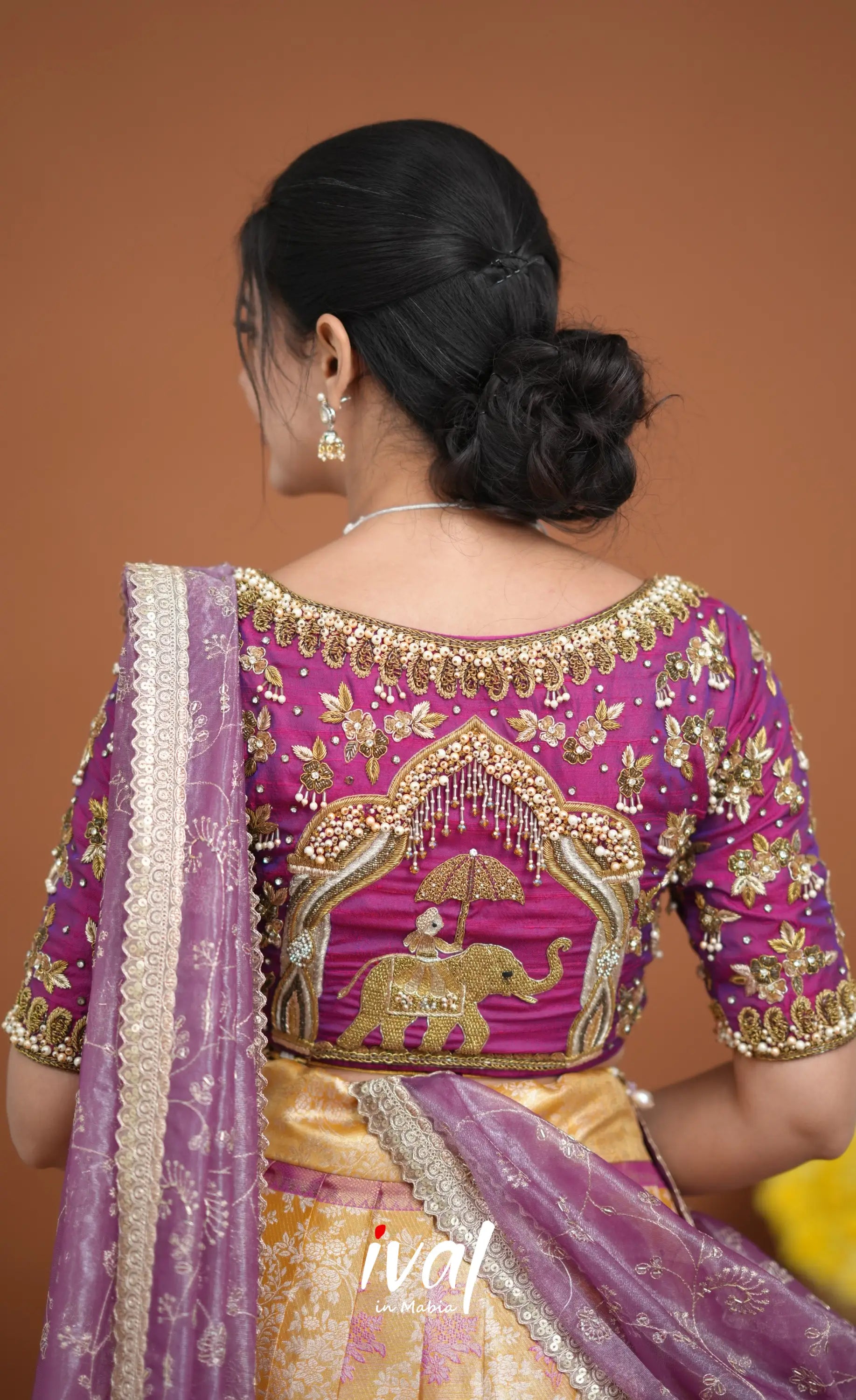 Amethyst Aari Handworked Bridal Lehenga - Mustard and Violet Half Sarees