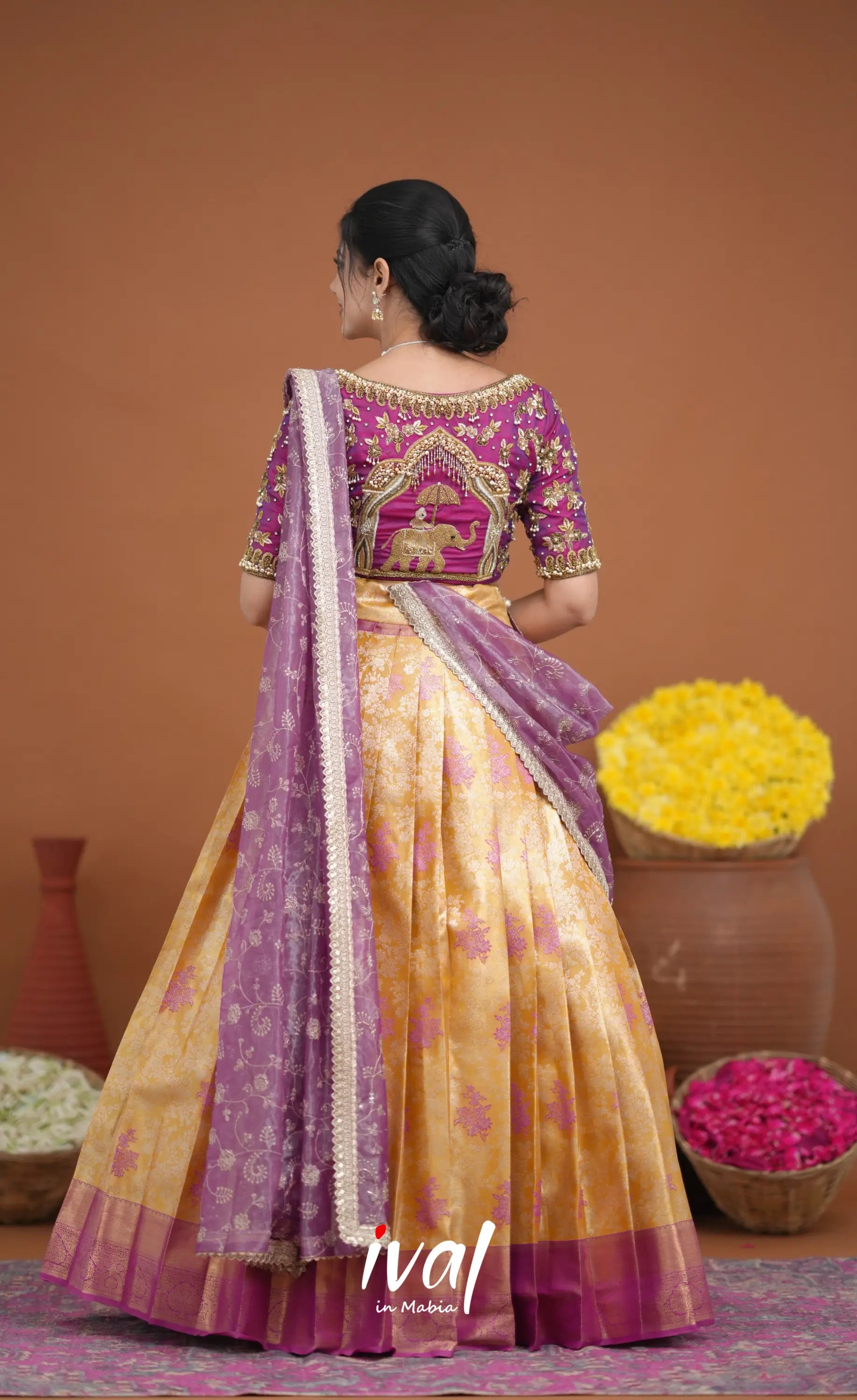 Amethyst Aari Handworked Bridal Lehenga - Mustard and Violet Half Sarees