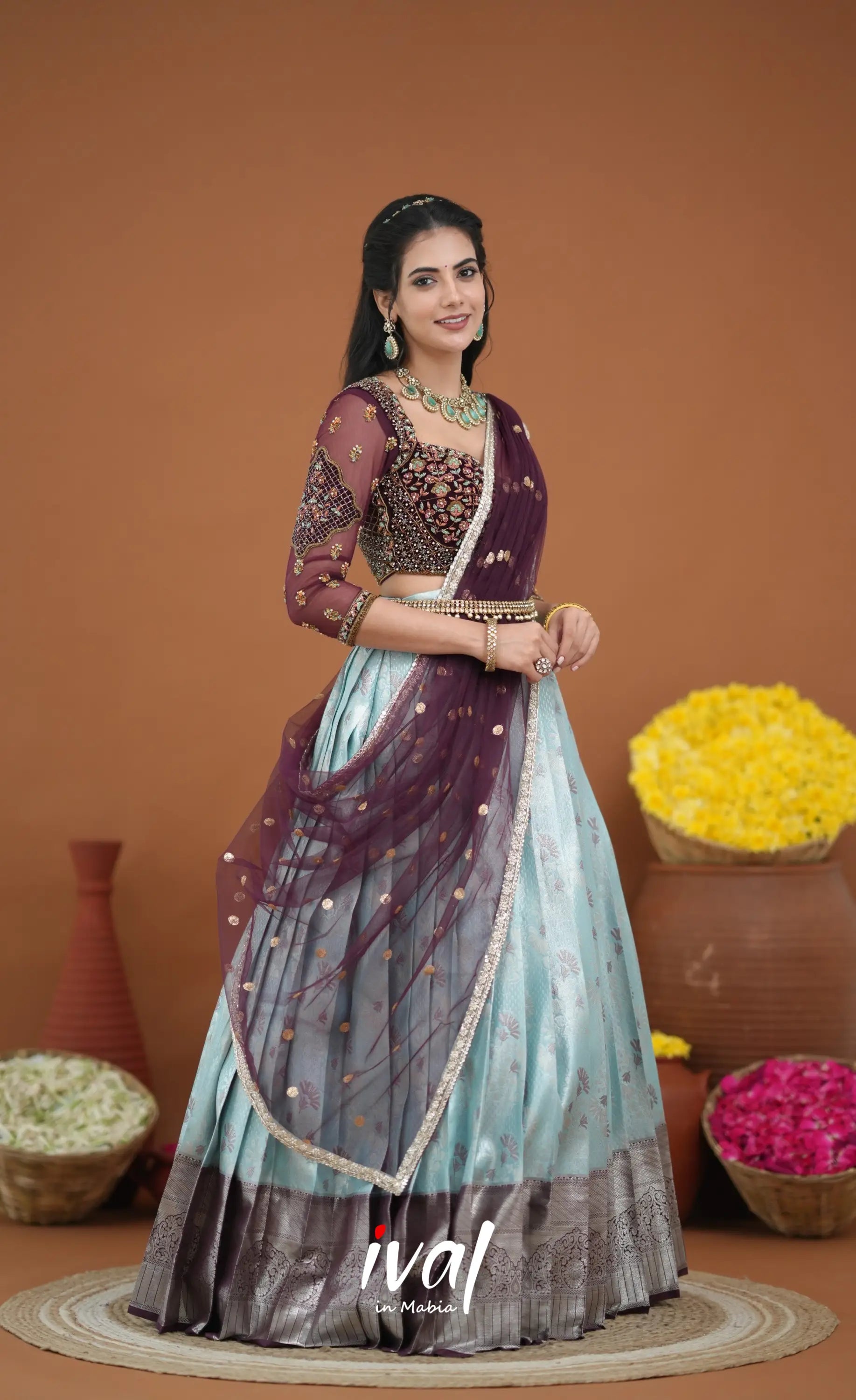 Amethyst Aari Handworked Bridal Lehenga - Pastel Blue and Wine Half Sarees
