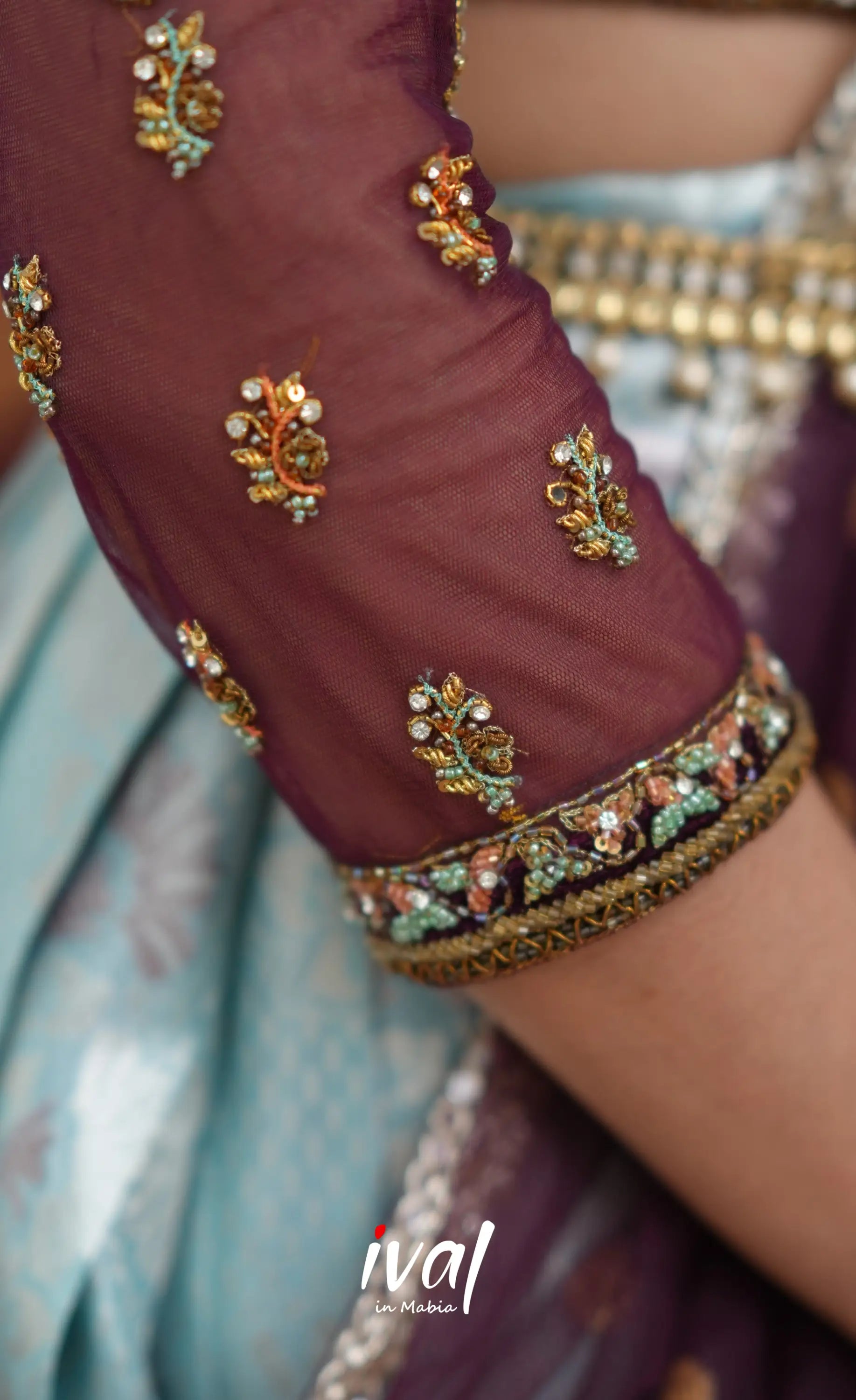 Amethyst Aari Handworked Bridal Lehenga - Pastel Blue and Wine Half Sarees