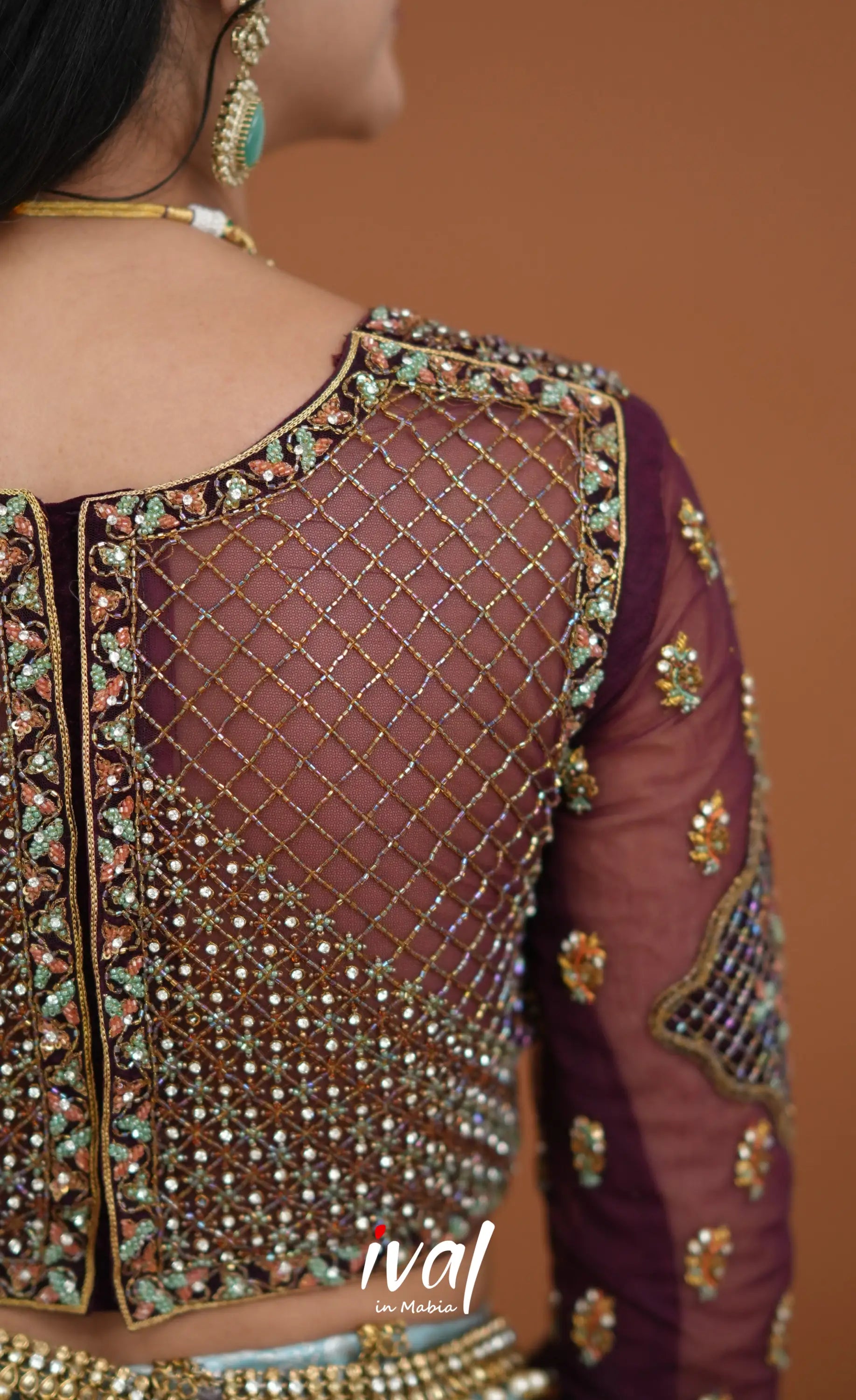 Amethyst Aari Handworked Bridal Lehenga - Pastel Blue and Wine Half Sarees