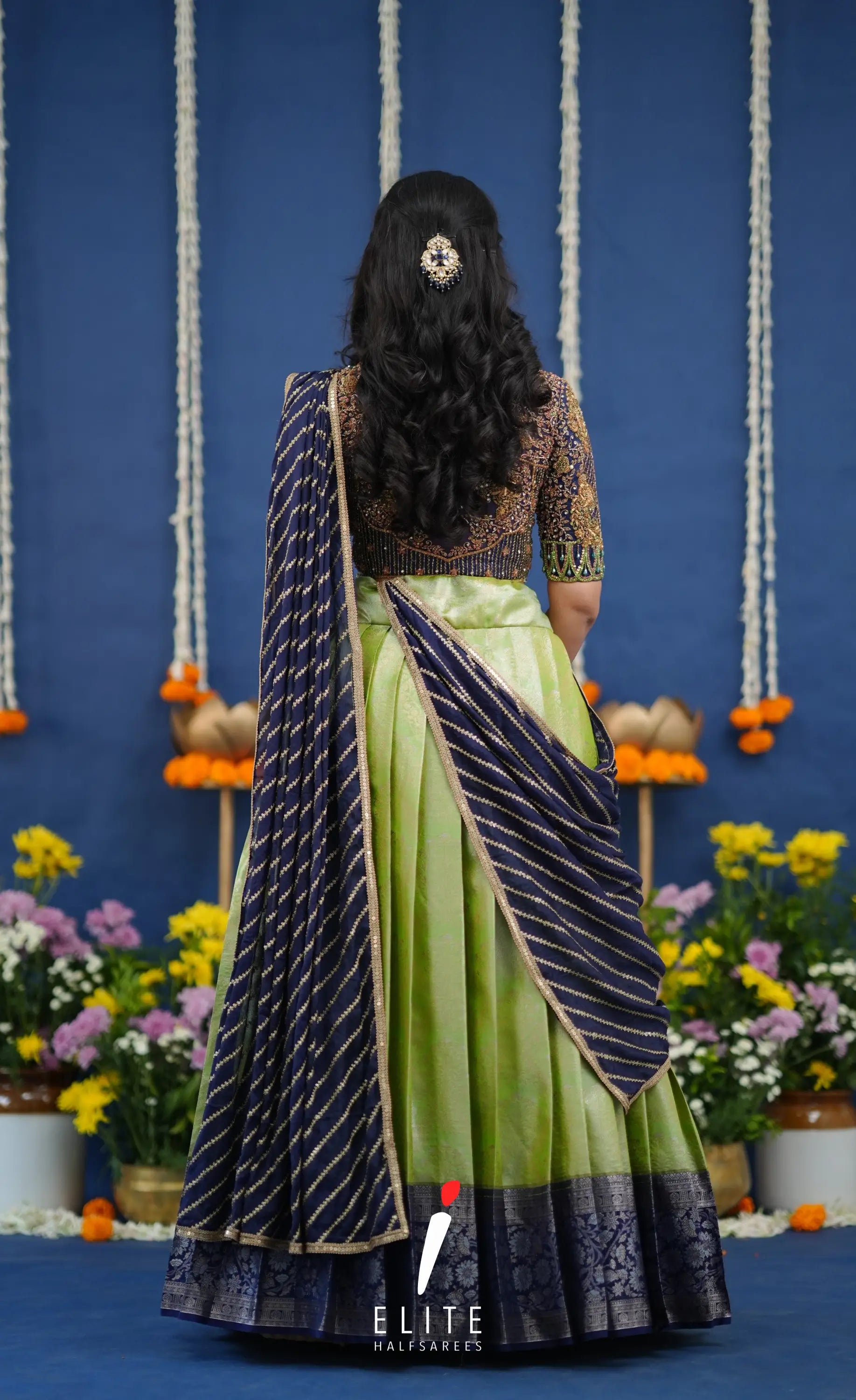 Amethyst Aari Handworked Bridal Lehenga - Pista green and Dark blue Half Sarees