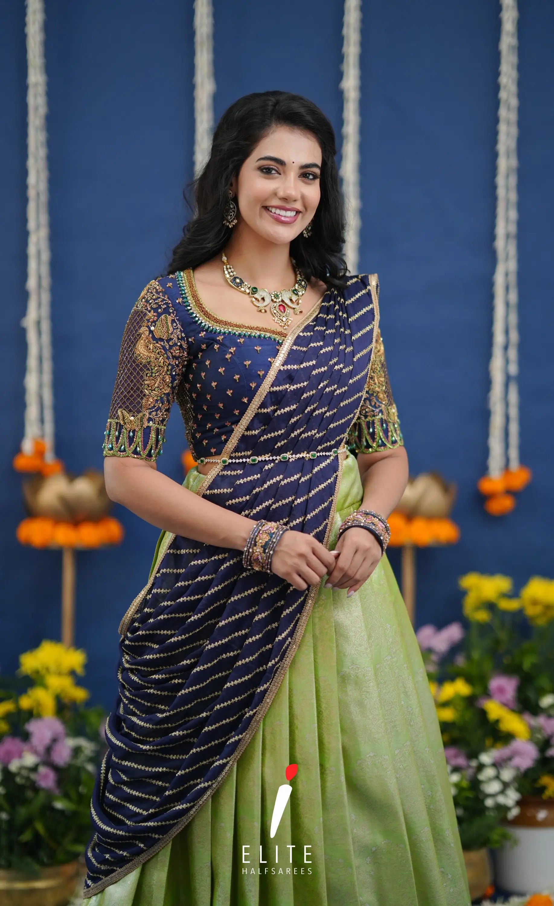 Amethyst Aari Handworked Bridal Lehenga - Pista green and Dark blue Half Sarees