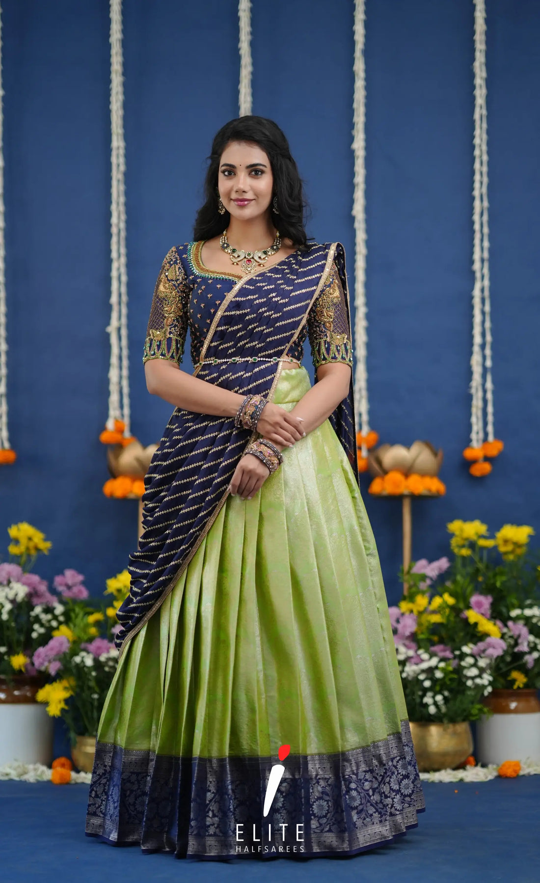 Amethyst Aari Handworked Bridal Lehenga - Pista green and Dark blue Half Sarees