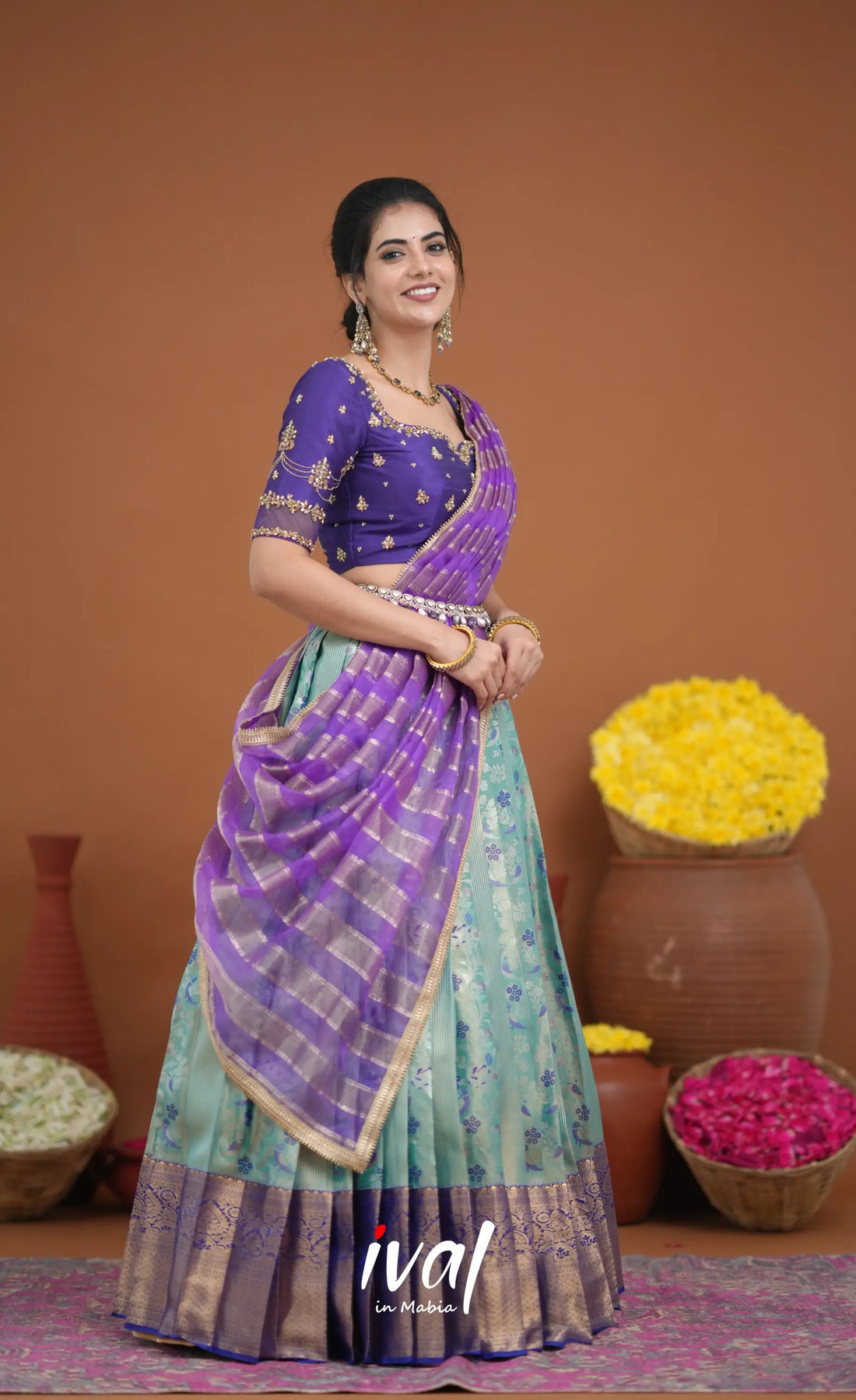 Amethyst Aari Handworked Bridal Lehenga - Sky Blue and Purple Half Sarees
