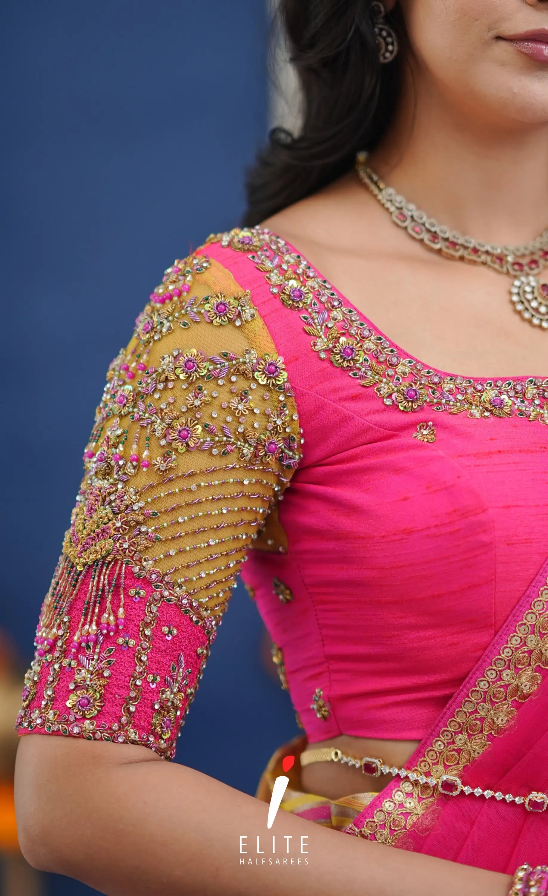 Amethyst Aari Handworked Bridal Lehenga - Yellow and Hot pink Half Sarees