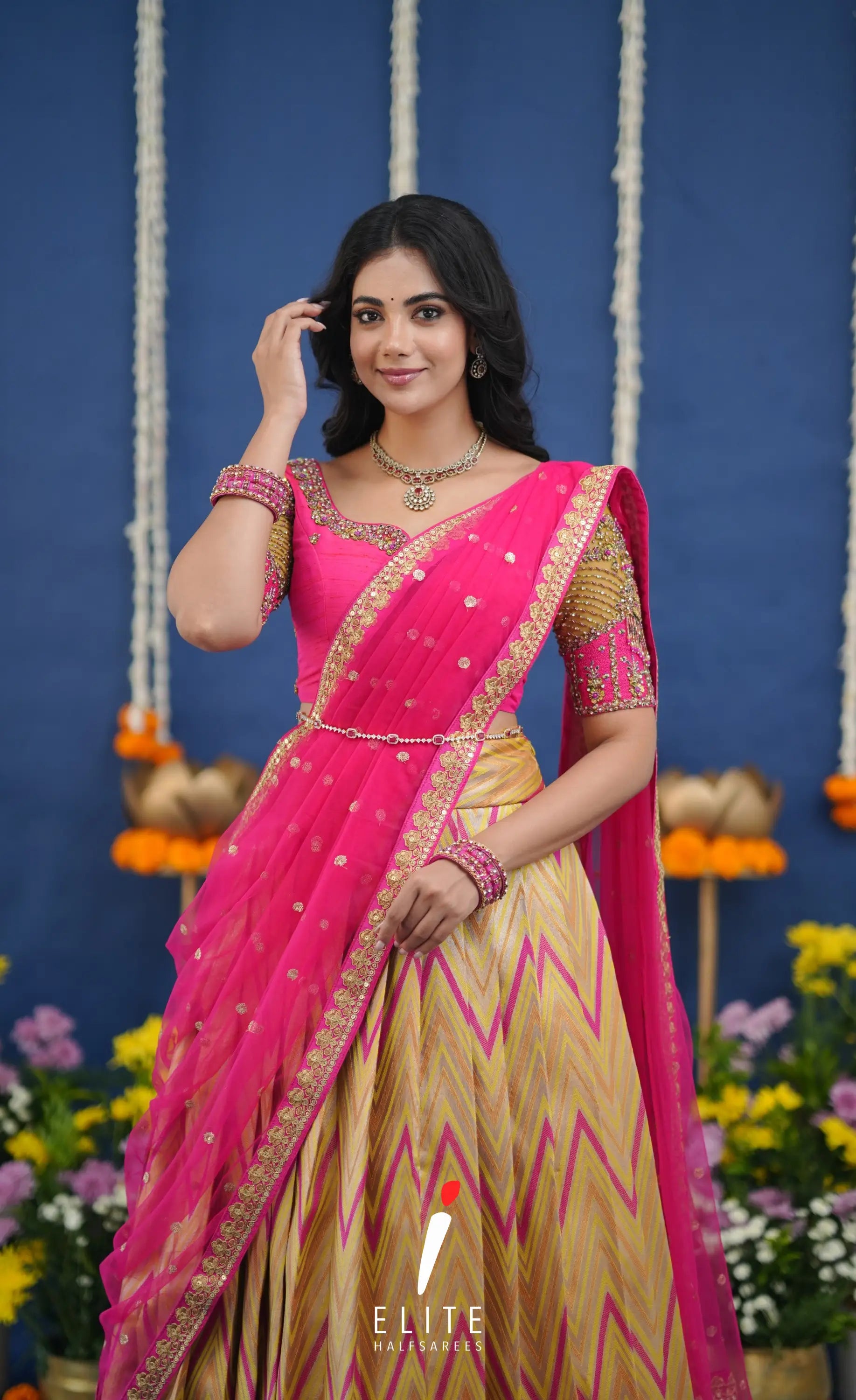 Amethyst Aari Handworked Bridal Lehenga - Yellow and Hot pink Half Sarees