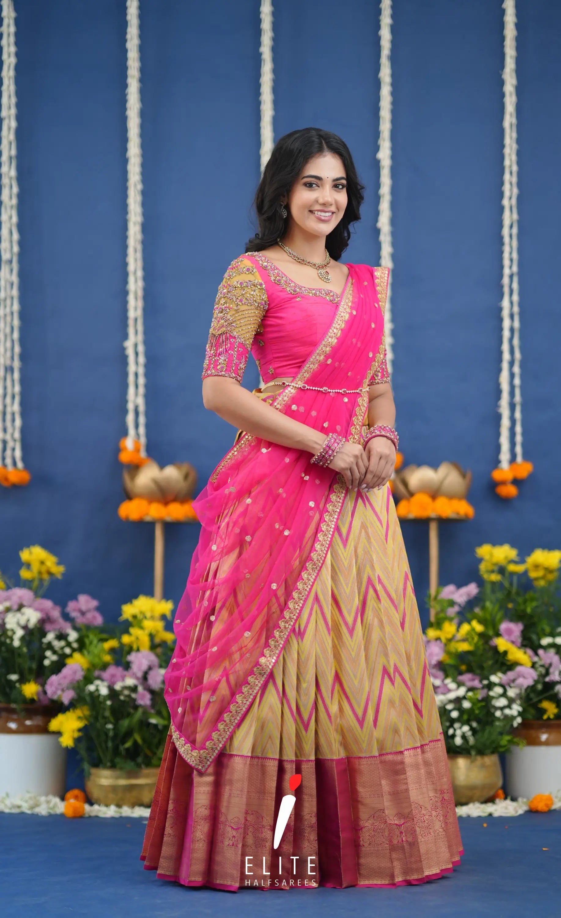 Amethyst Aari Handworked Bridal Lehenga - Yellow and Hot pink Half Sarees