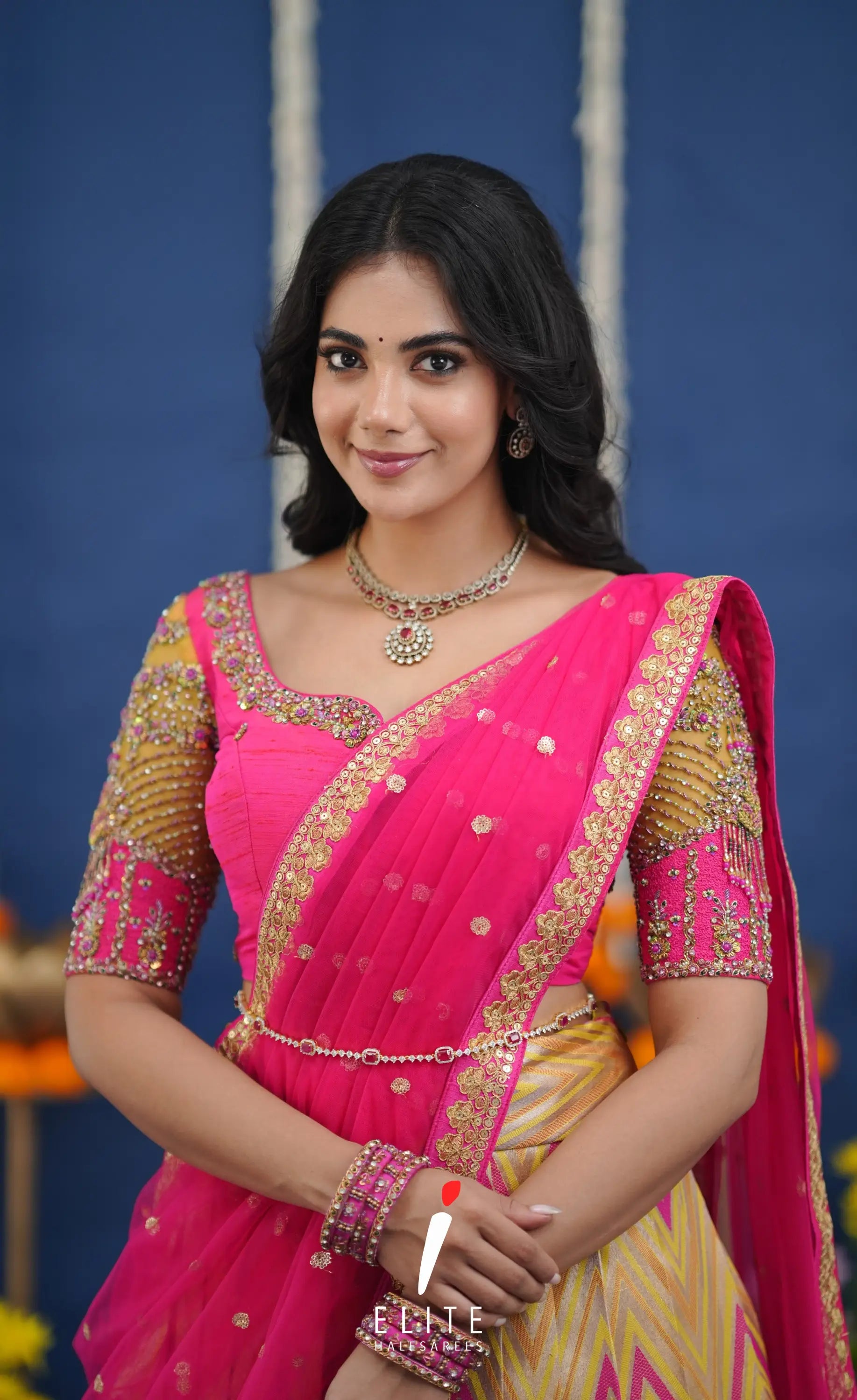 Amethyst Aari Handworked Bridal Lehenga - Yellow and Hot pink Half Sarees