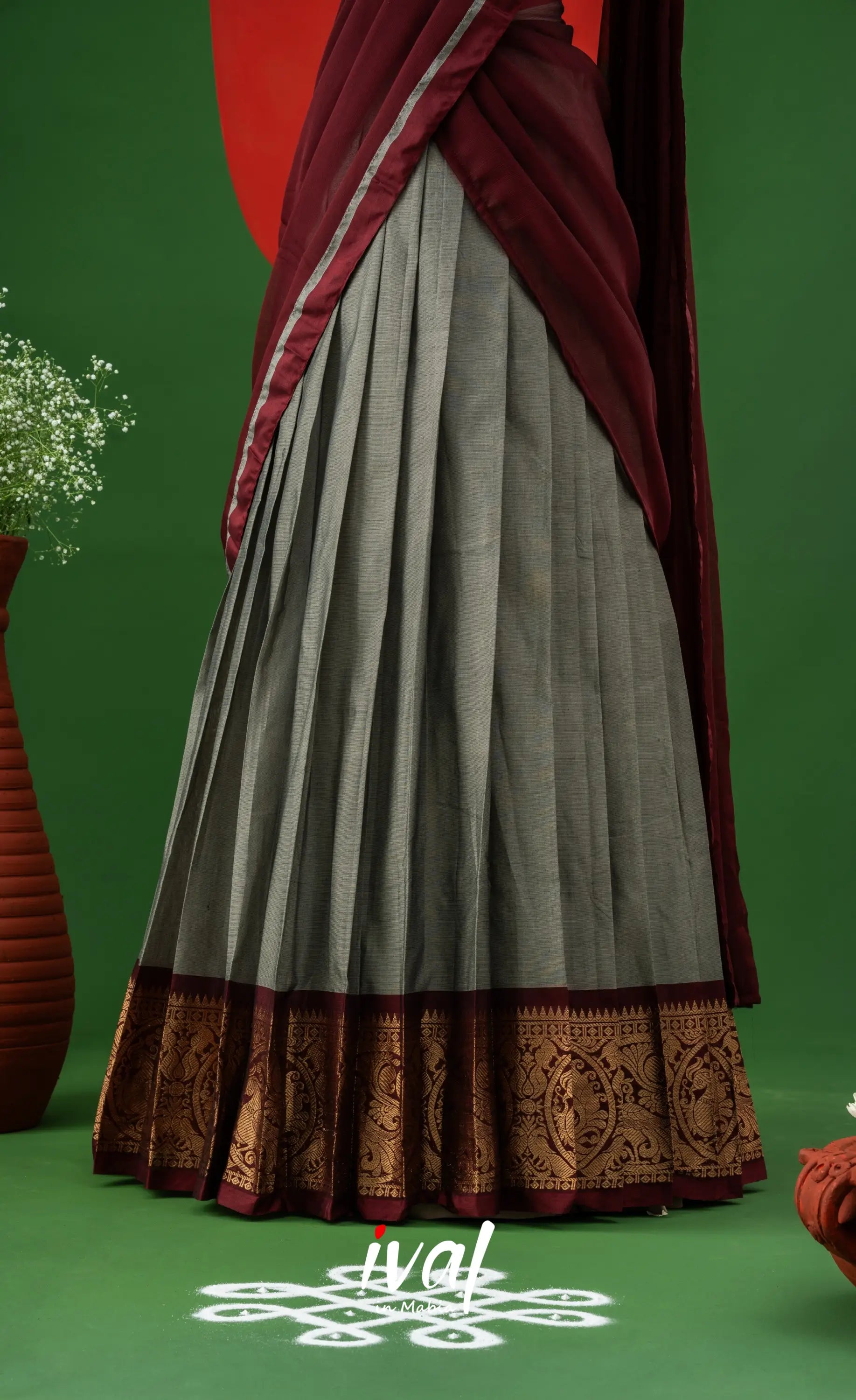 Ash Grey with Maroon Semi-Stitched Cotton Halfsaree Half Sarees