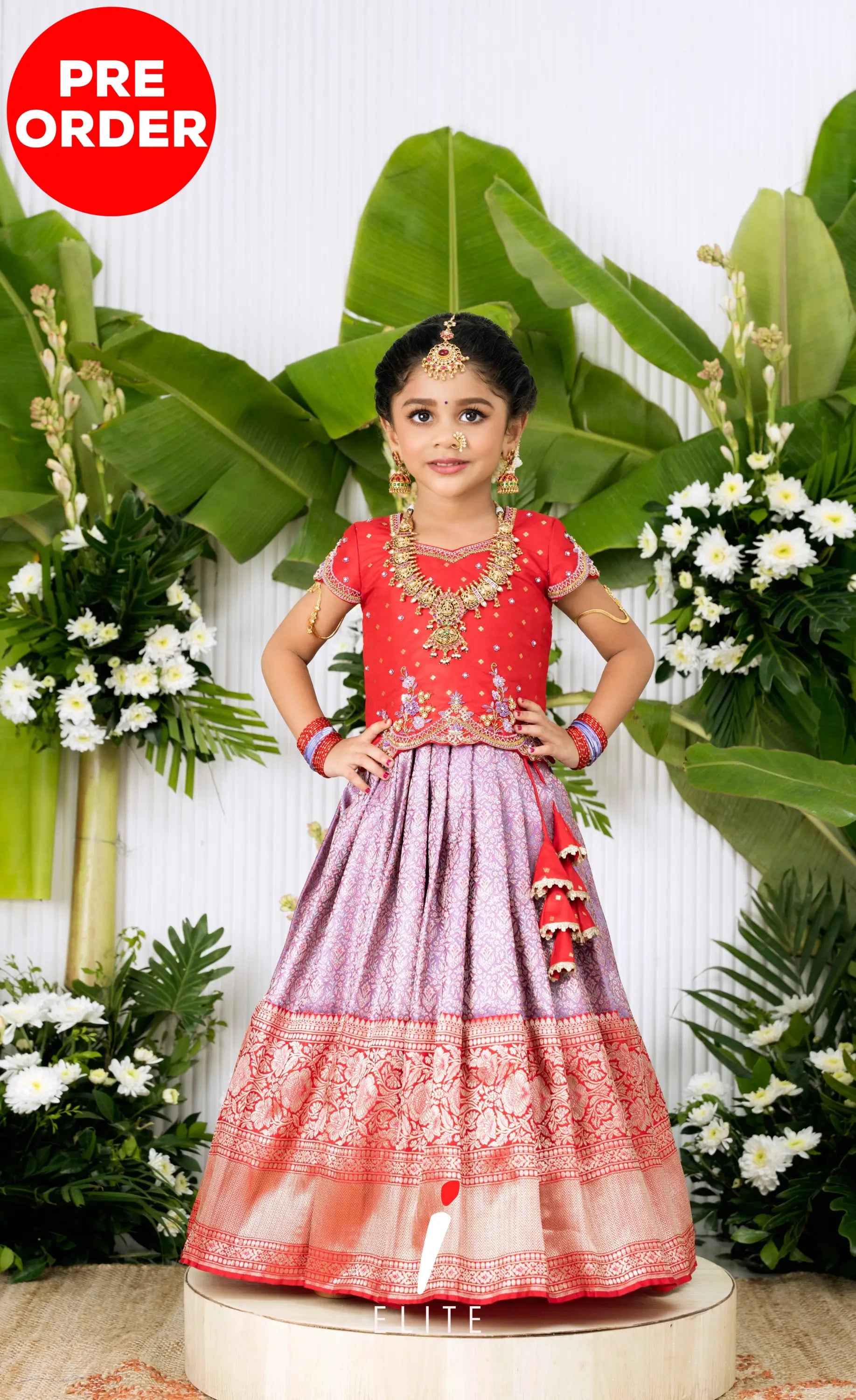 Banarassi Silk Pavadai Sattai - Lavender and Red Kids-Suttis