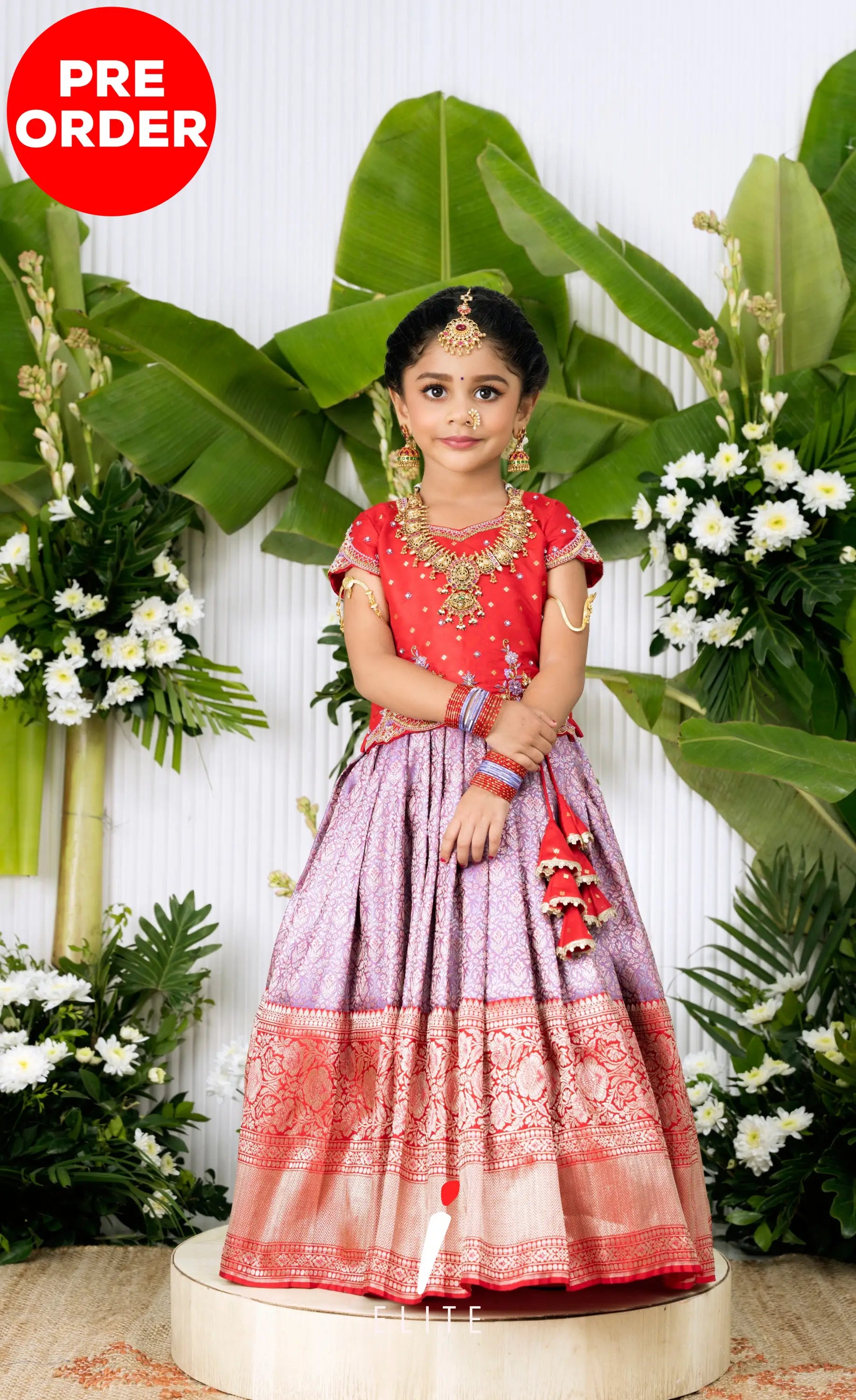 Banarassi Silk Pavadai Sattai - Lavender and Red Kids-Suttis