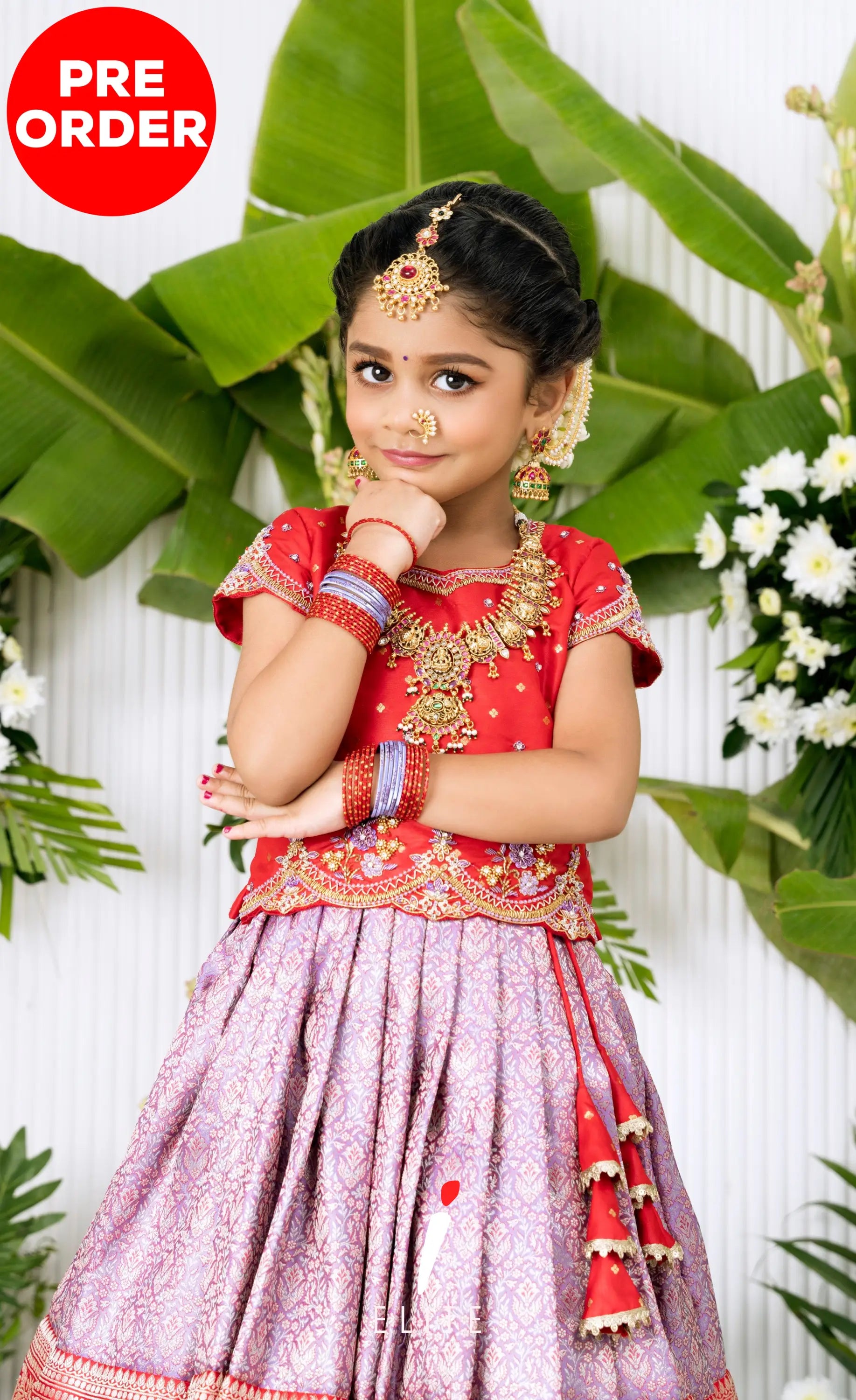 Banarassi Silk Pavadai Sattai - Lavender and Red Kids-Suttis