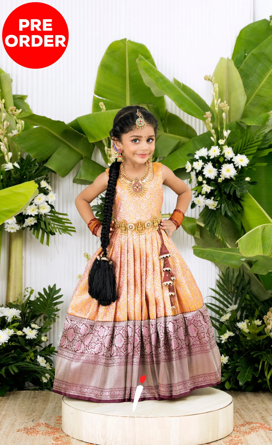 Banarassi Silk Pavadai Sattai - Mustard and Coffee Brown Kids-Suttis