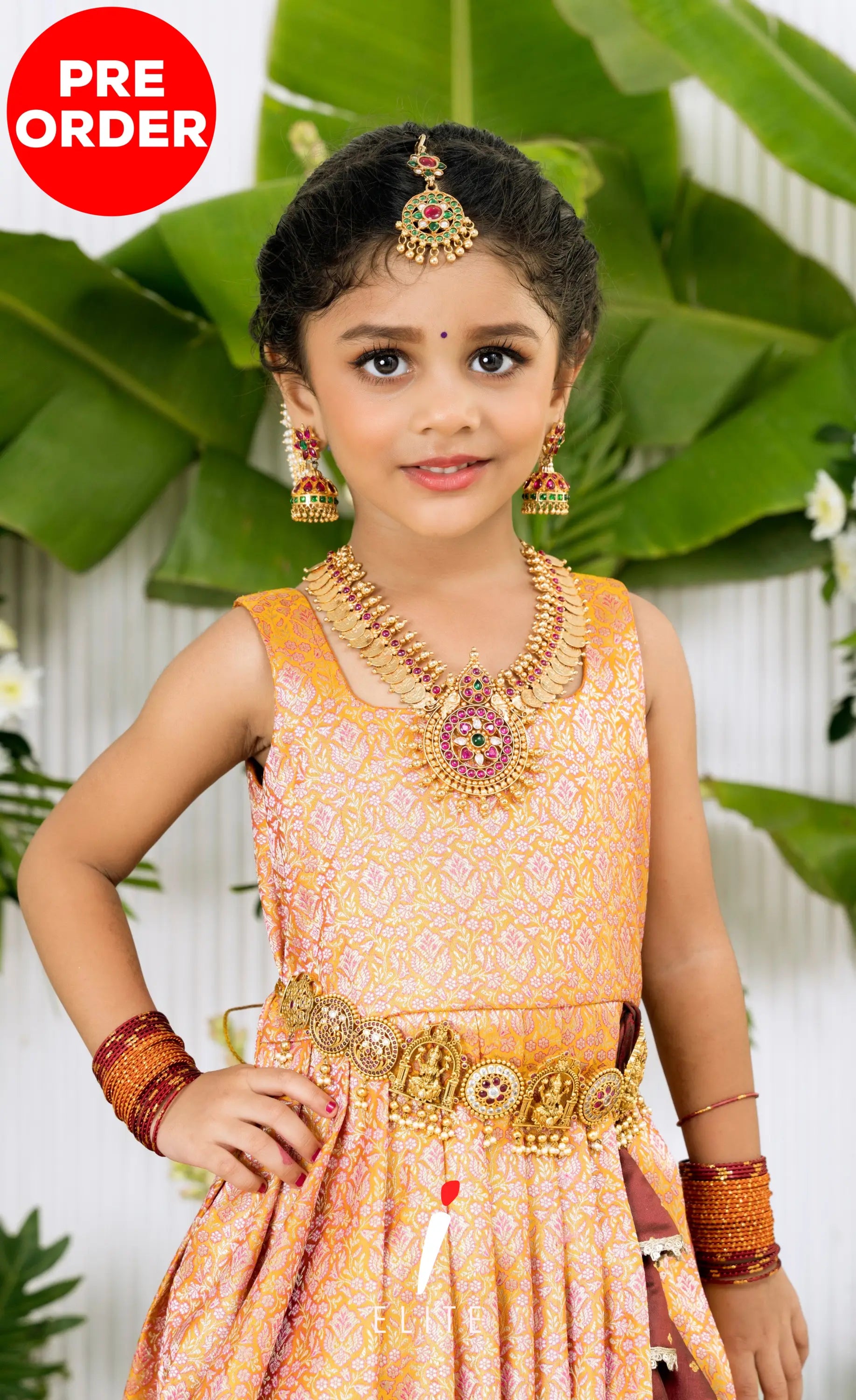 Banarassi Silk Pavadai Sattai - Mustard and Coffee Brown Kids-Suttis
