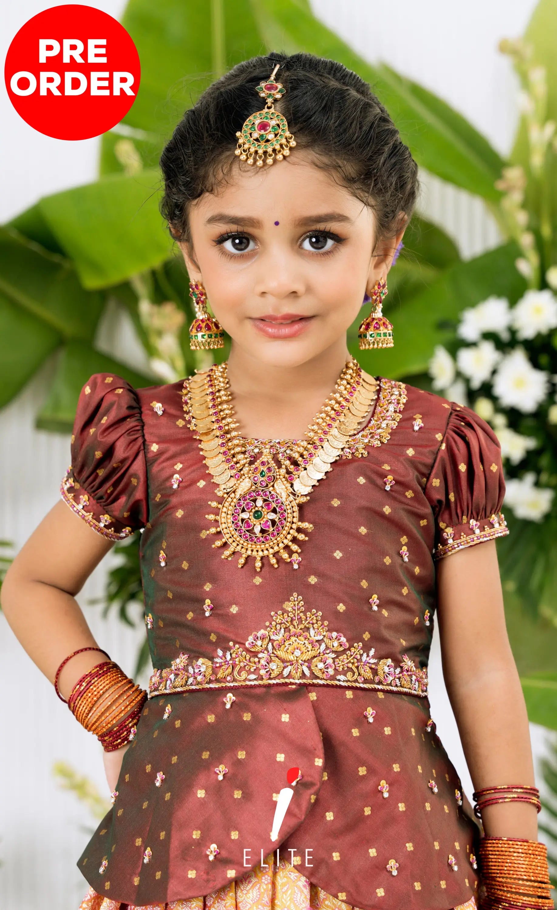 Banarassi Silk Pavadai Sattai - Mustard and Coffee Brown Kids-Suttis