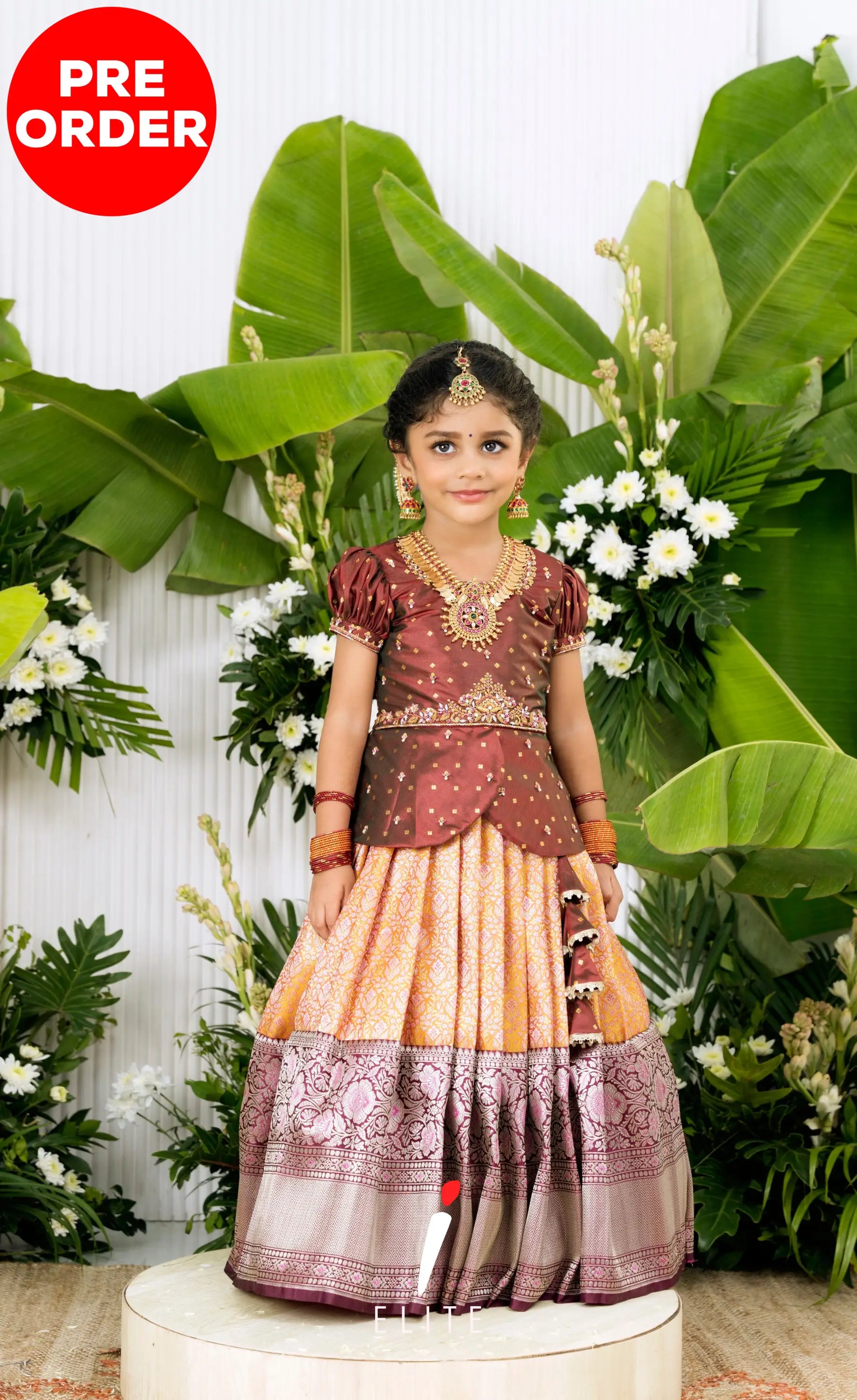 Banarassi Silk Pavadai Sattai - Mustard and Coffee Brown Kids-Suttis