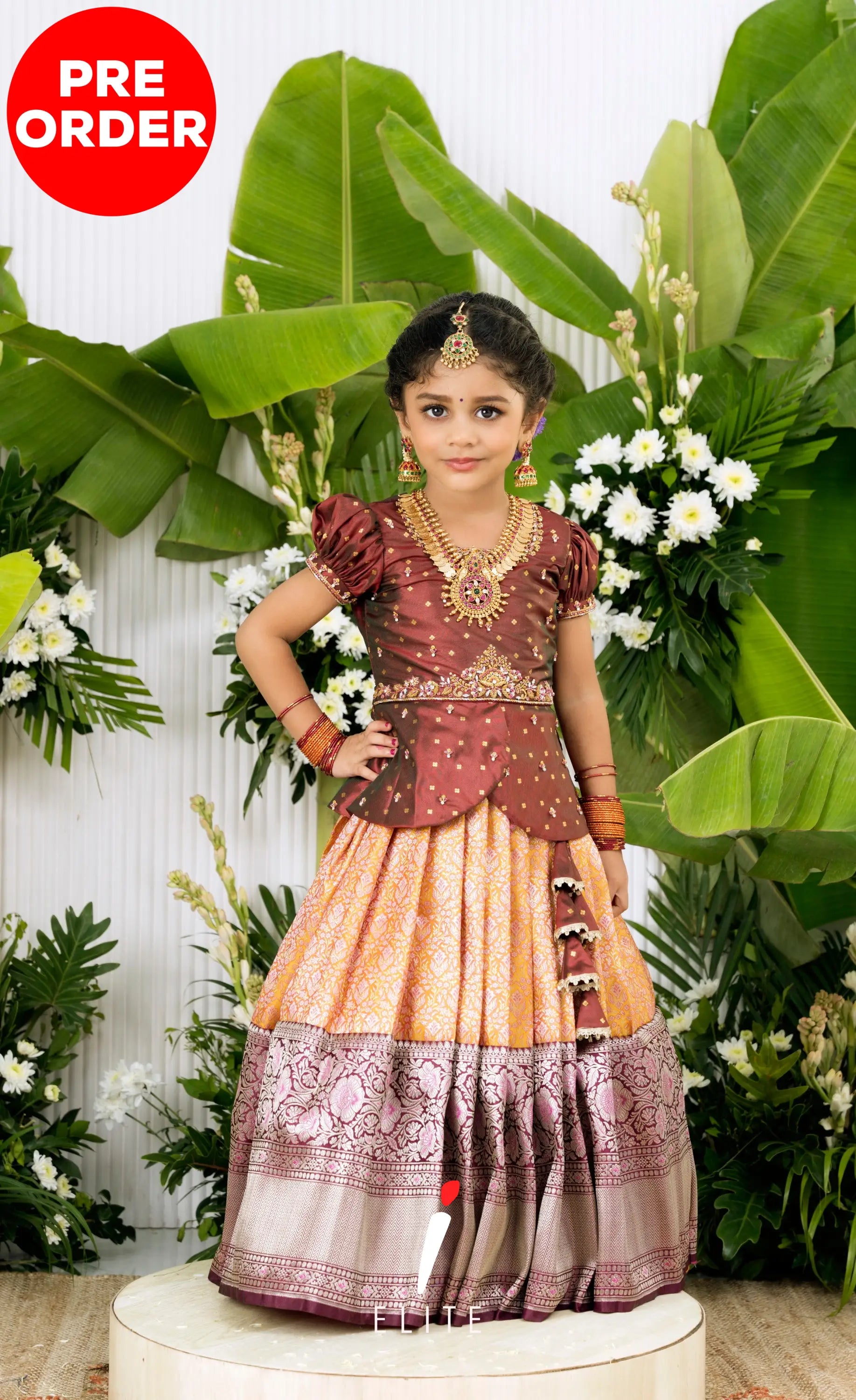 Banarassi Silk Pavadai Sattai - Mustard and Coffee Brown Kids-Suttis