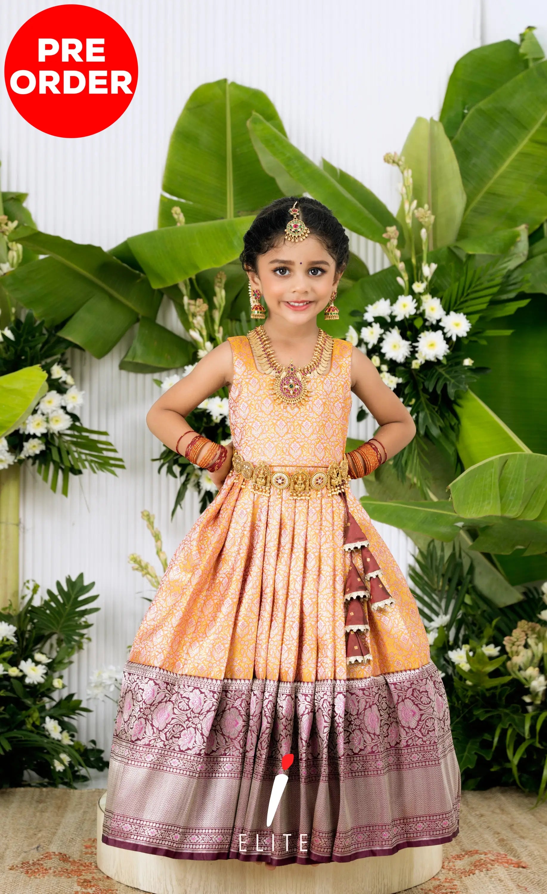 Banarassi Silk Pavadai Sattai - Mustard and Coffee Brown Kids-Suttis