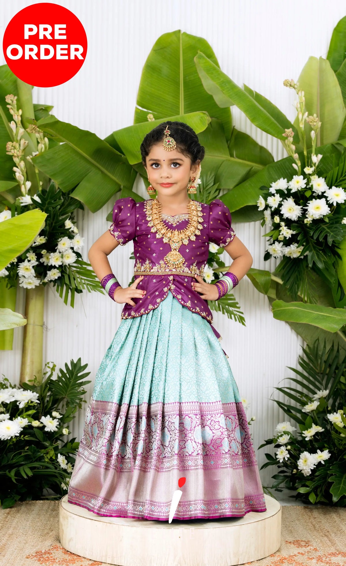 Banarassi Silk Pavadai Sattai - Pastel Blue and Purple Kids-Suttis