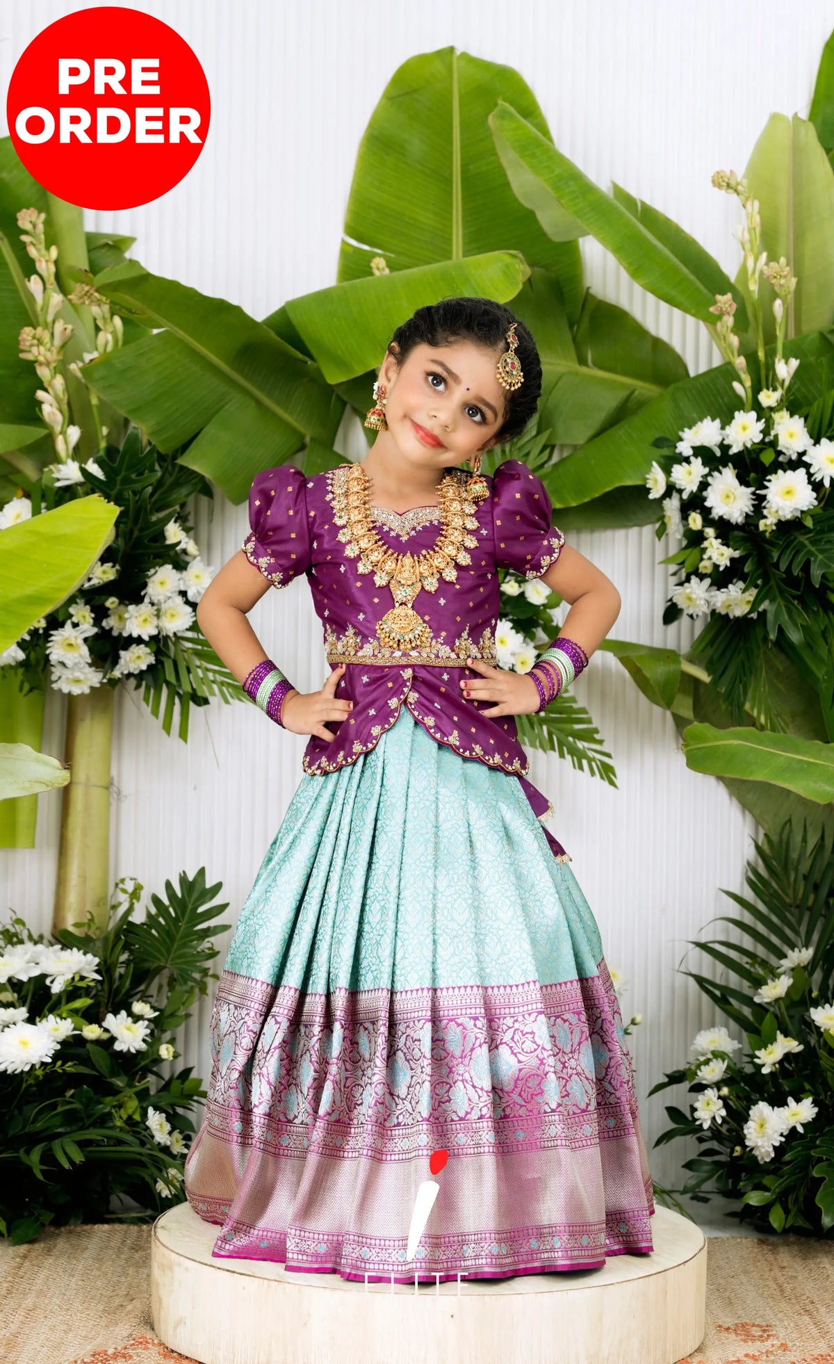 Banarassi Silk Pavadai Sattai - Pastel Blue and Purple Kids-Suttis