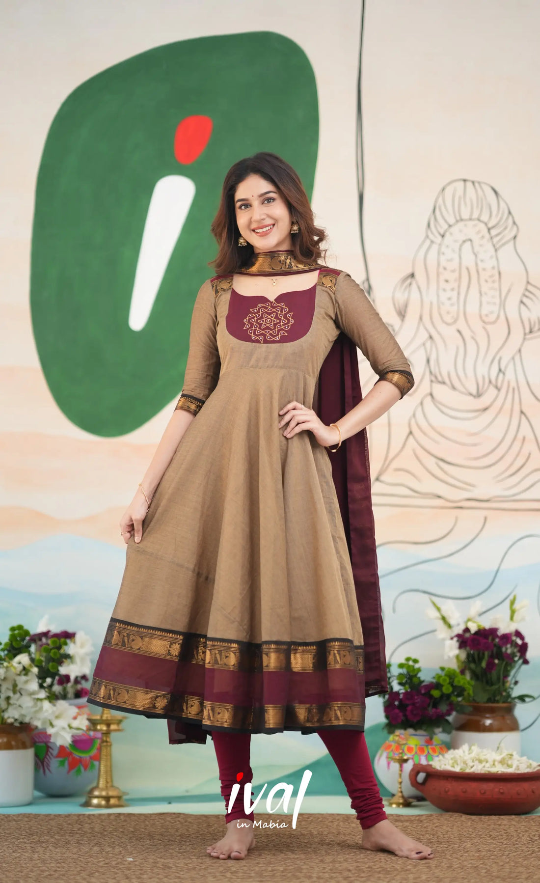 Beige and Dark Maroon Cotton Anarkali Anarkalis