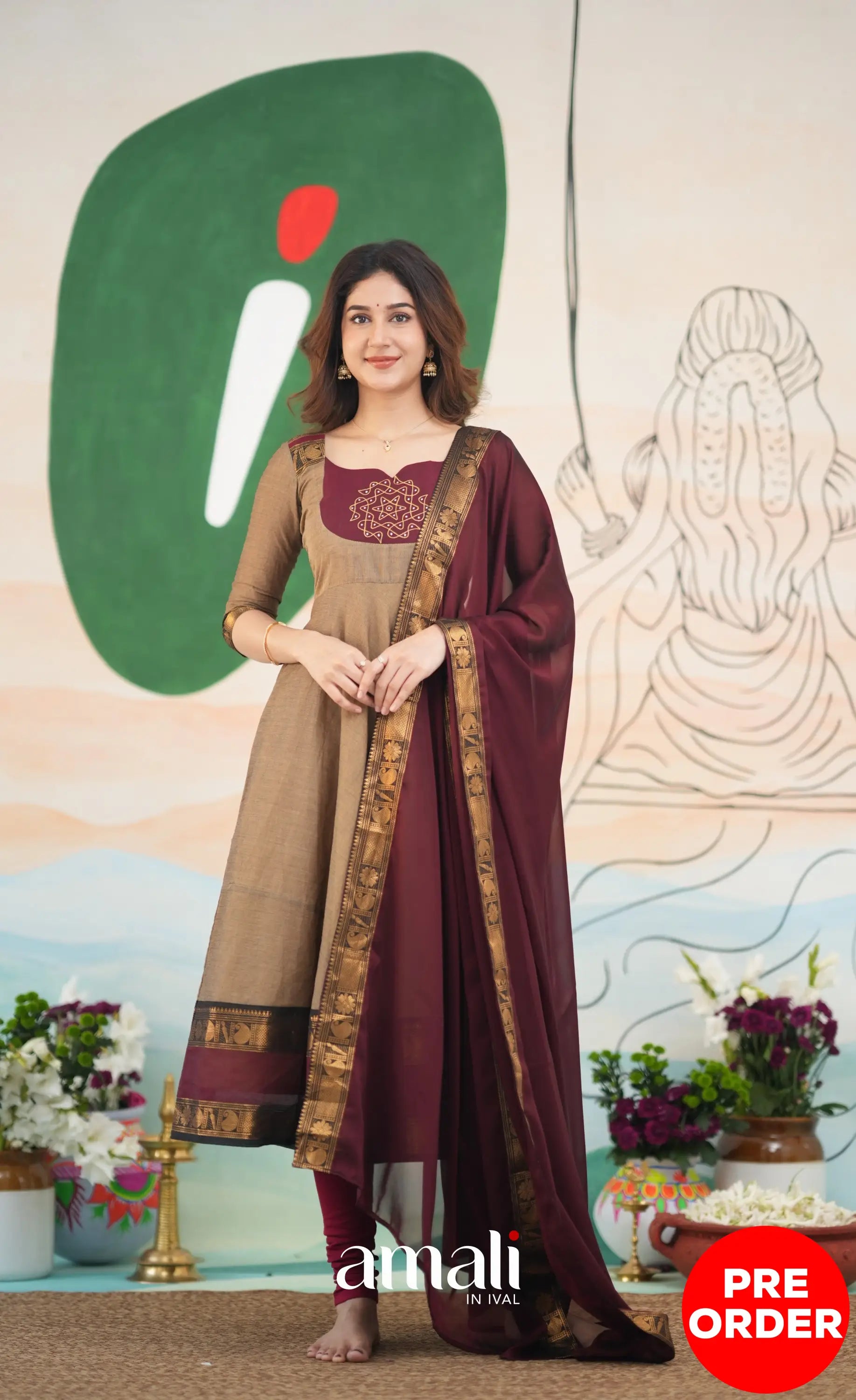 Beige and Dark Maroon Cotton Anarkali Anarkalis