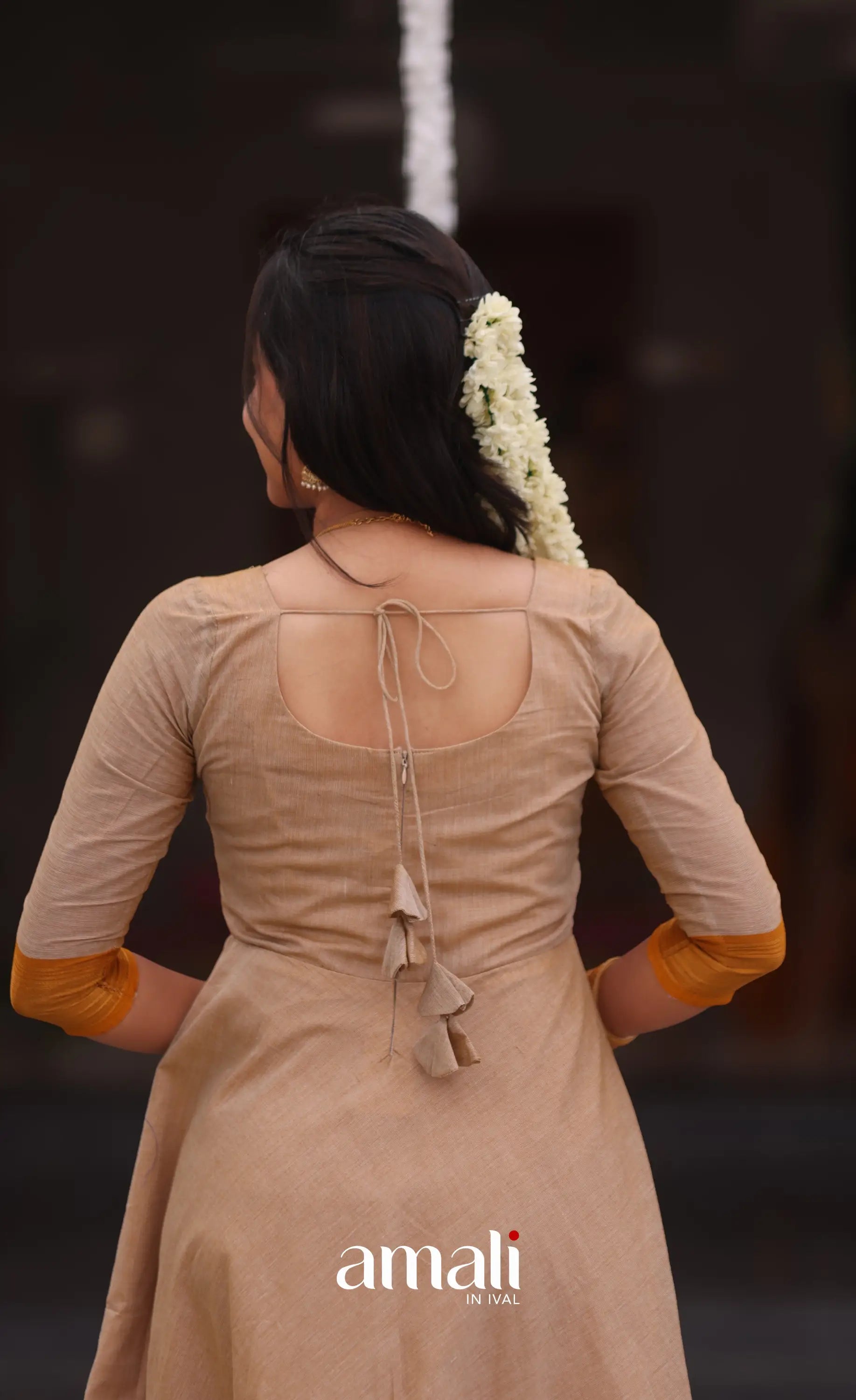 Beige and Mustard yellow Chettinad Cotton Anarkali - Anarkalis