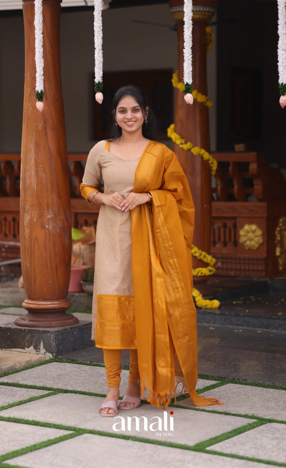 Beige and Mustard yellow Chettinad Cotton Salwar Set - salwar