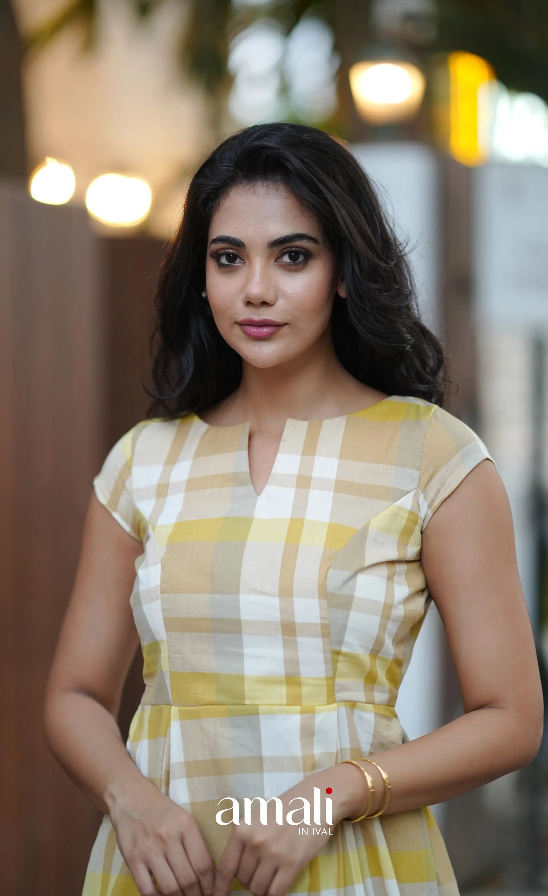 Beige & Yellow Checks Indo Western Dress - salwar